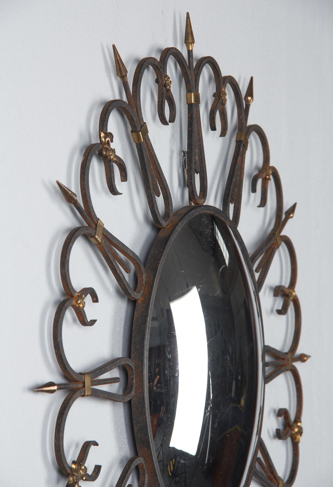 Midcentury French Round Iron Framed Convex Mirror, 1950s 5