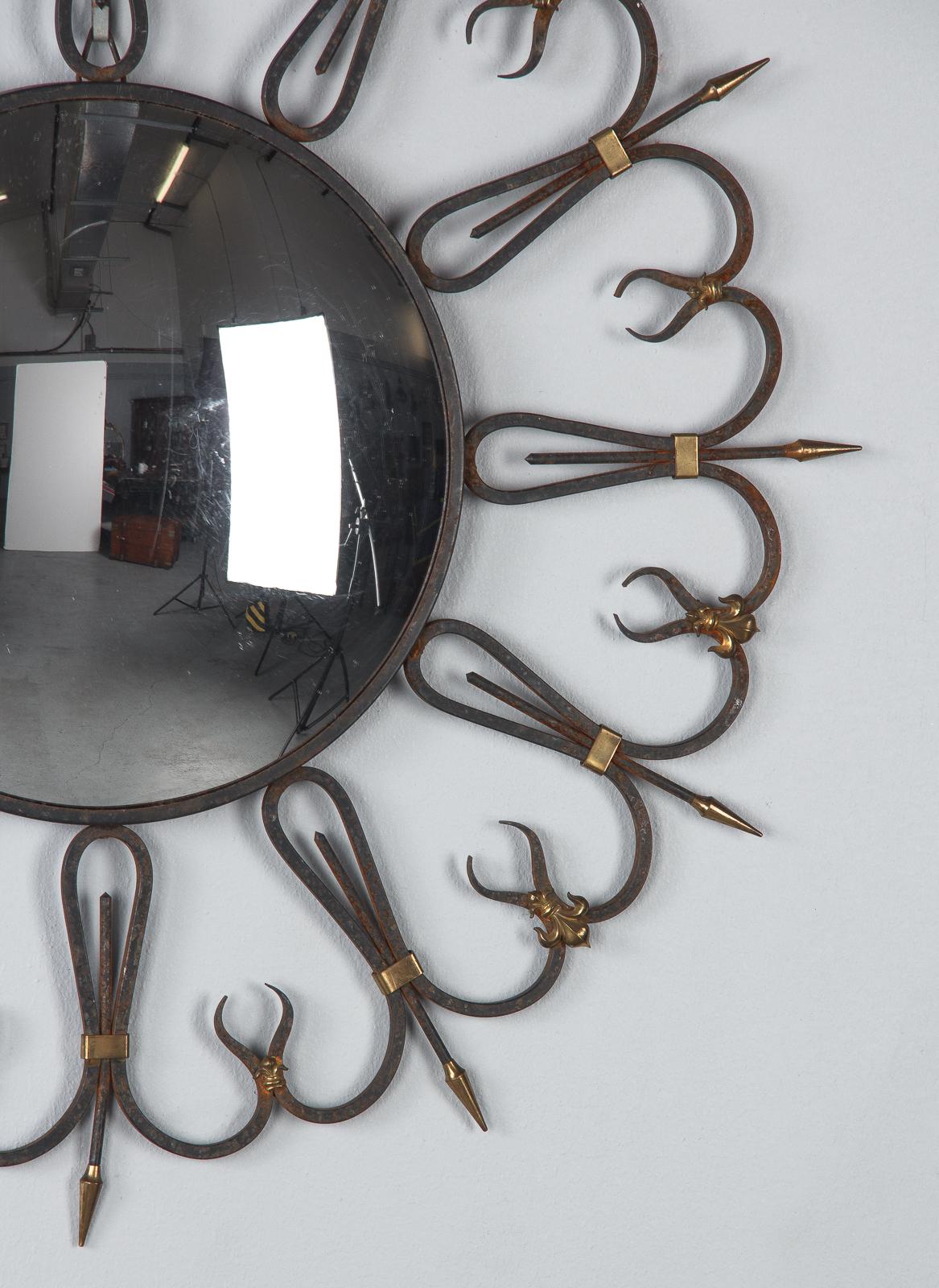 20th Century Midcentury French Round Iron Framed Convex Mirror, 1950s