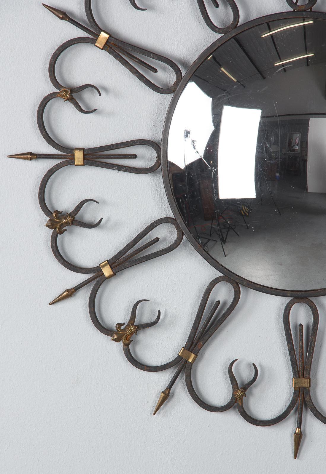 Brass Midcentury French Round Iron Framed Convex Mirror, 1950s