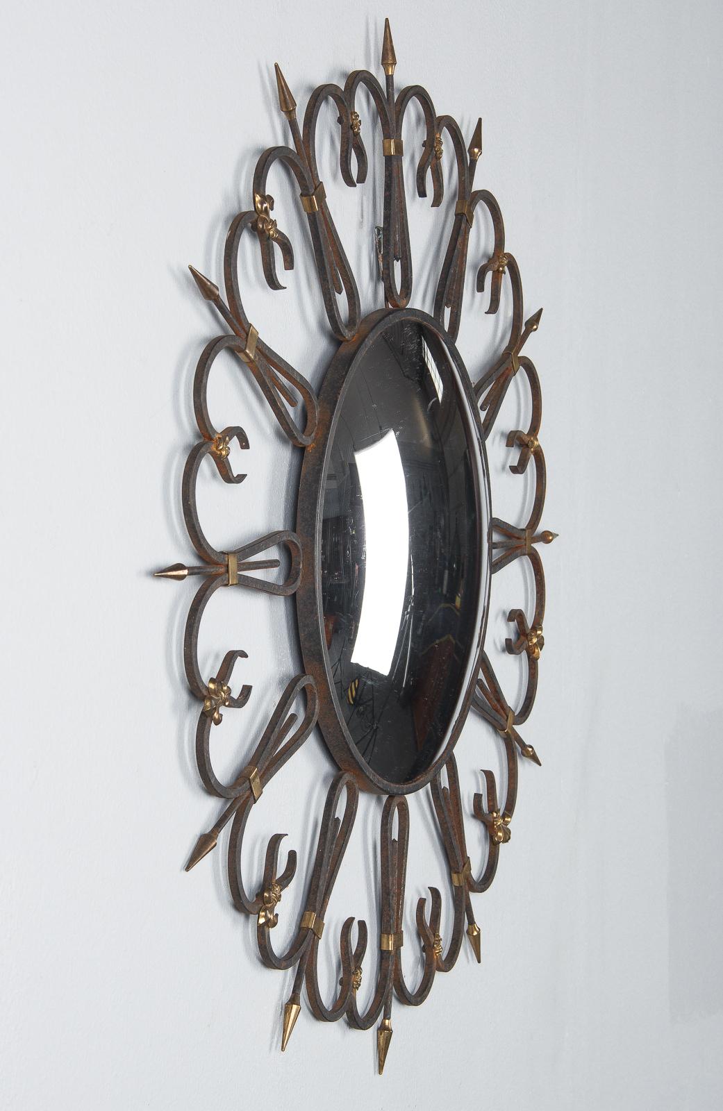 Midcentury French Round Iron Framed Convex Mirror, 1950s 1