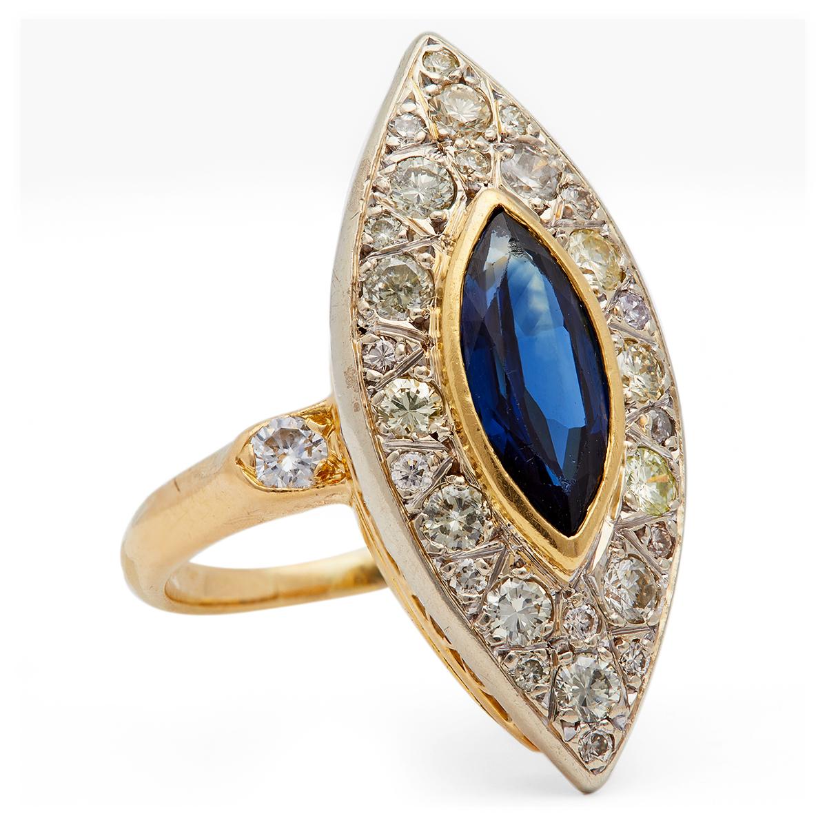 Women's or Men's Midcentury French Sapphire Diamond 18k Two Toned Navette Ring