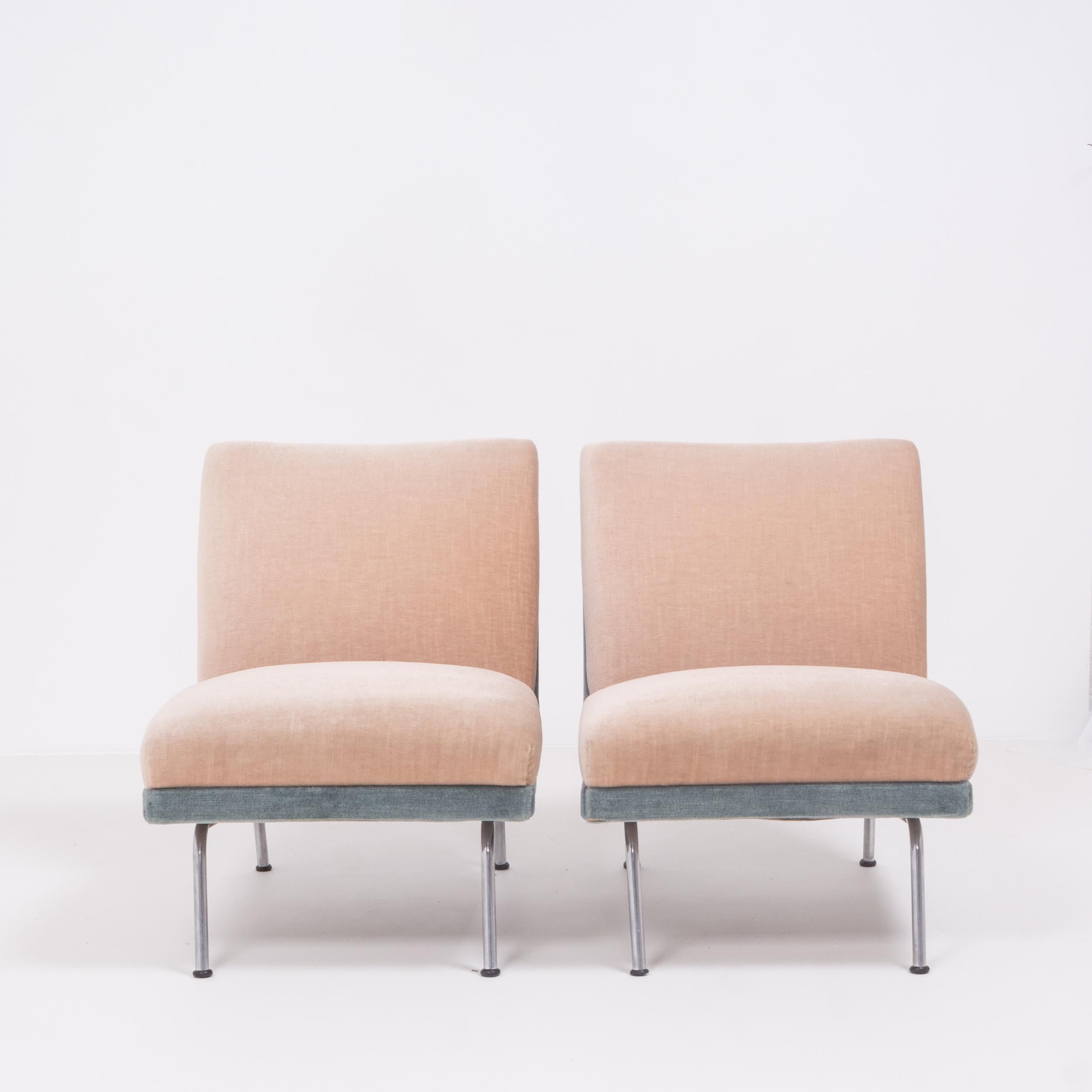 Mid-Century Modern Midcentury French Sea Foam and Taupe Mohair Lounge Chairs, Set of Two