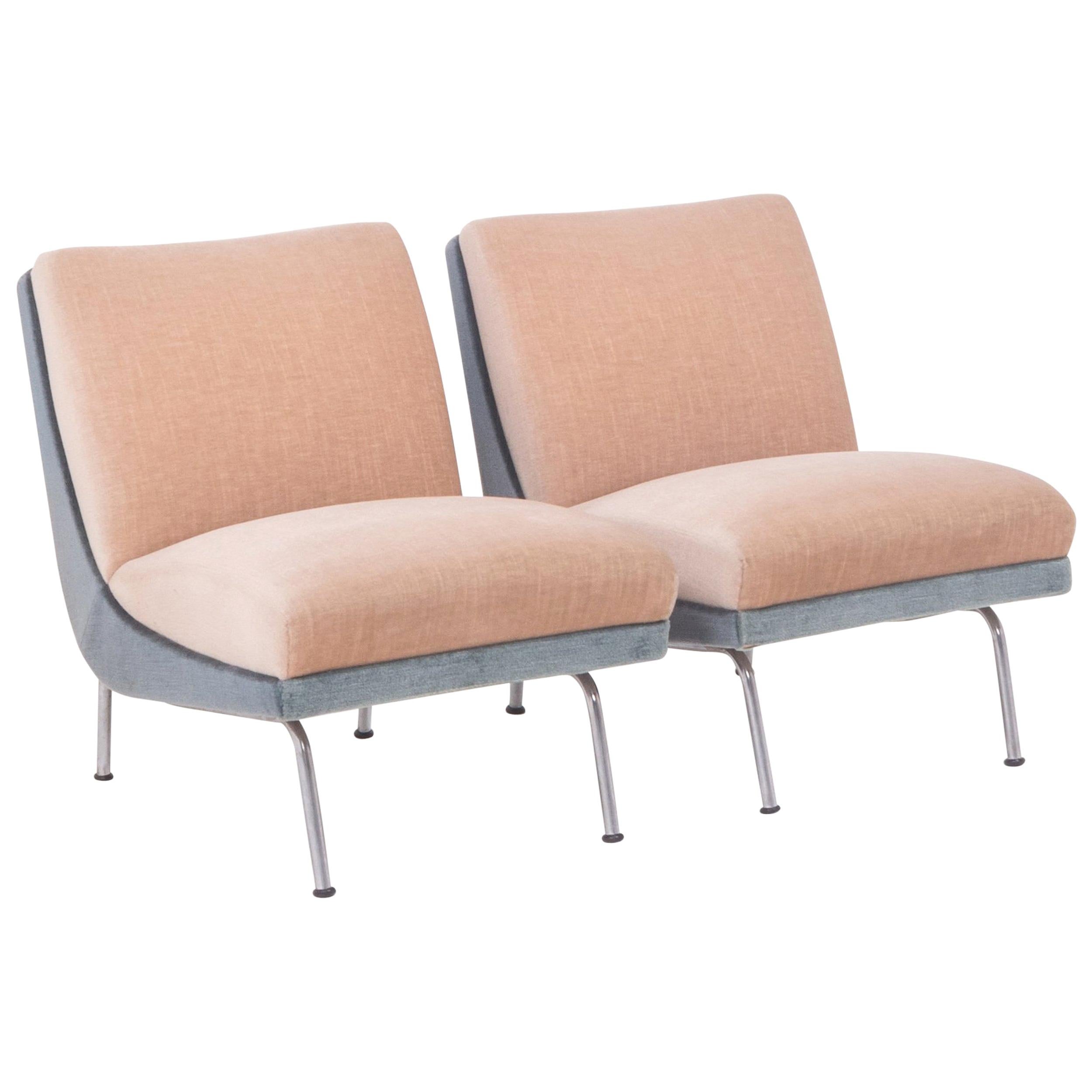 Midcentury French Sea Foam and Taupe Mohair Lounge Chairs, Set of Two