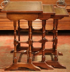 Midcentury French Set of Three-Carved Oak Nesting Tables with Green Leather Top