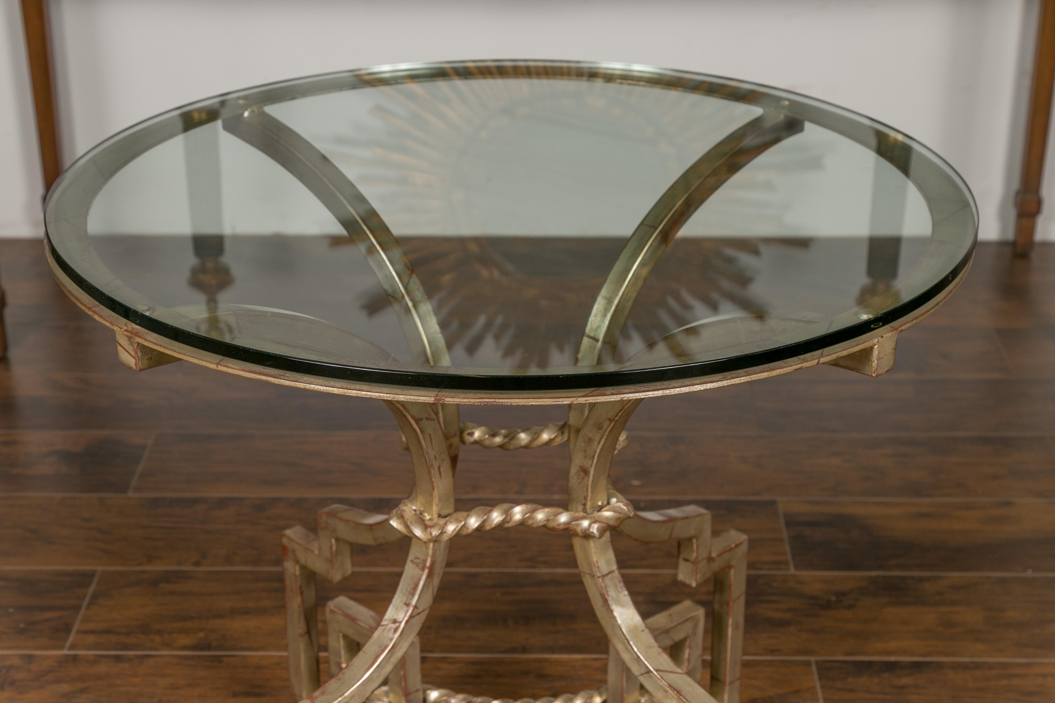 Midcentury French Silver Leaf Iron Table with Glass Top and Greek Key Motifs In Good Condition For Sale In Atlanta, GA