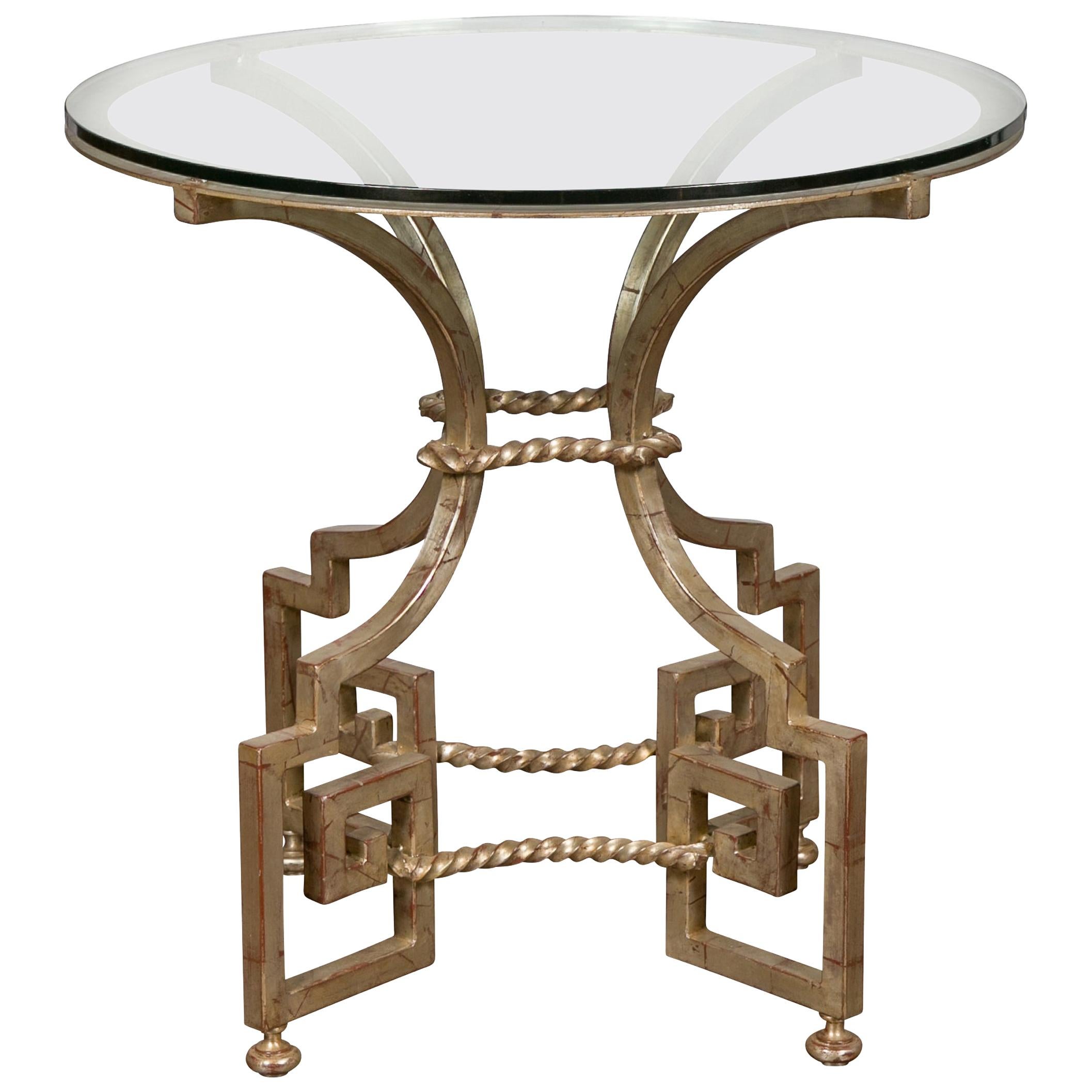 Midcentury French Silver Leaf Iron Table with Glass Top and Greek Key Motifs For Sale