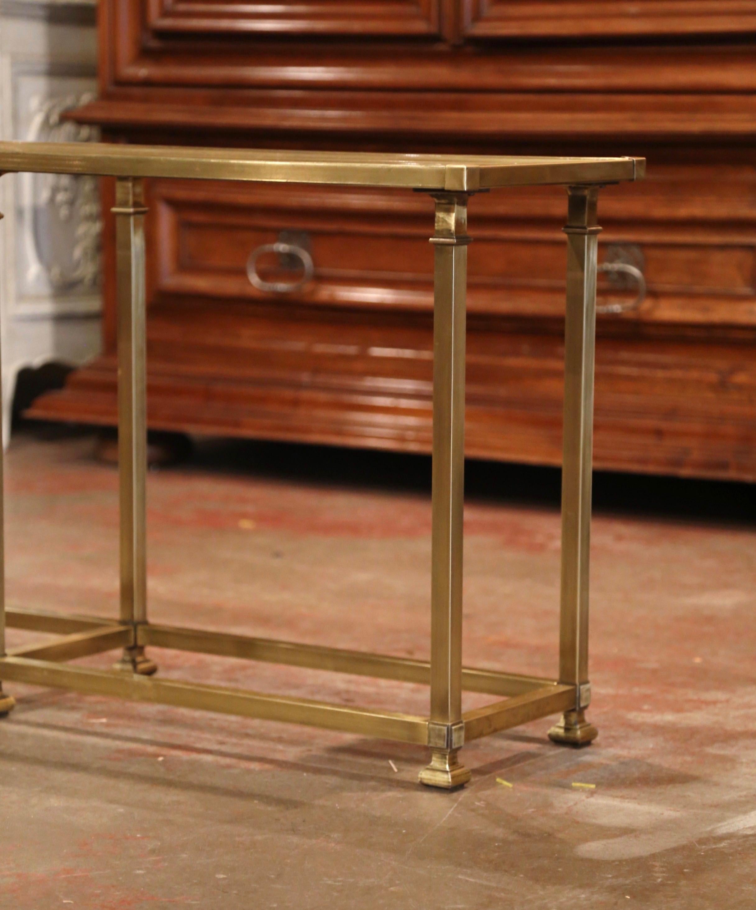 Patinated Midcentury French Six-Leg Brass and Beveled Glass Console Table Jansen Style