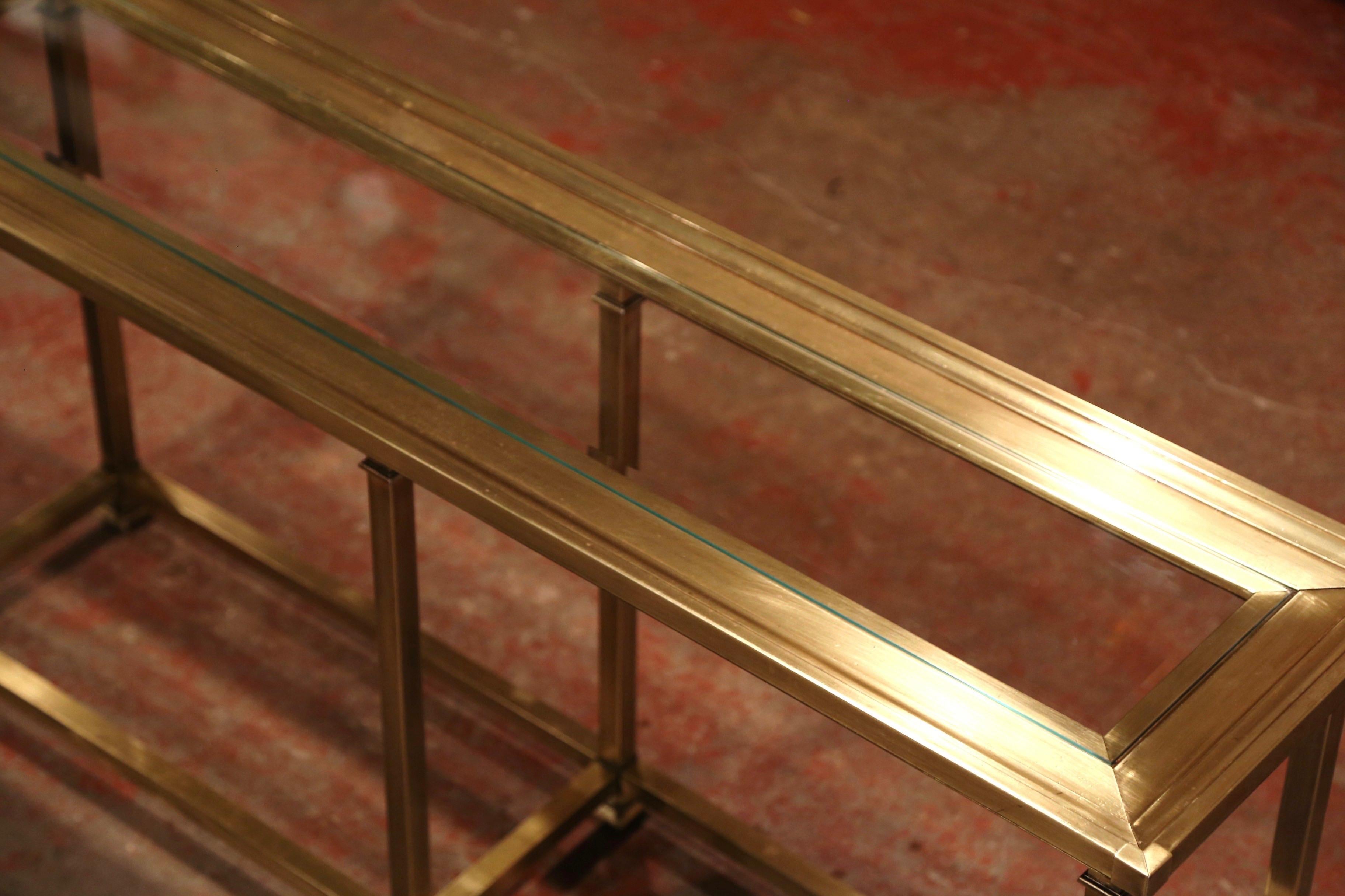Midcentury French Six-Leg Brass and Beveled Glass Console Table Jansen Style In Excellent Condition In Dallas, TX