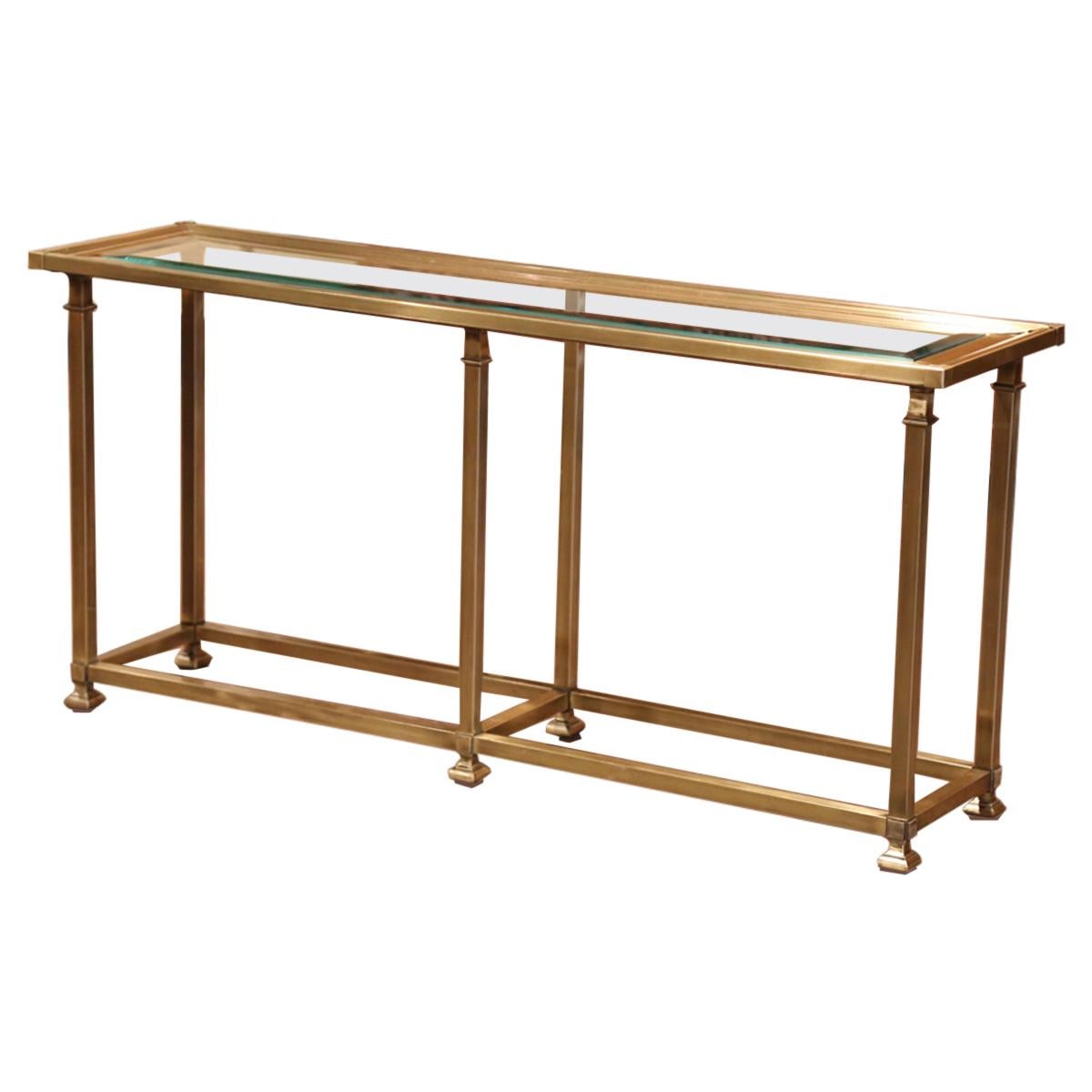 Midcentury French Six-Leg Brass and Beveled Glass Console Table Jansen Style