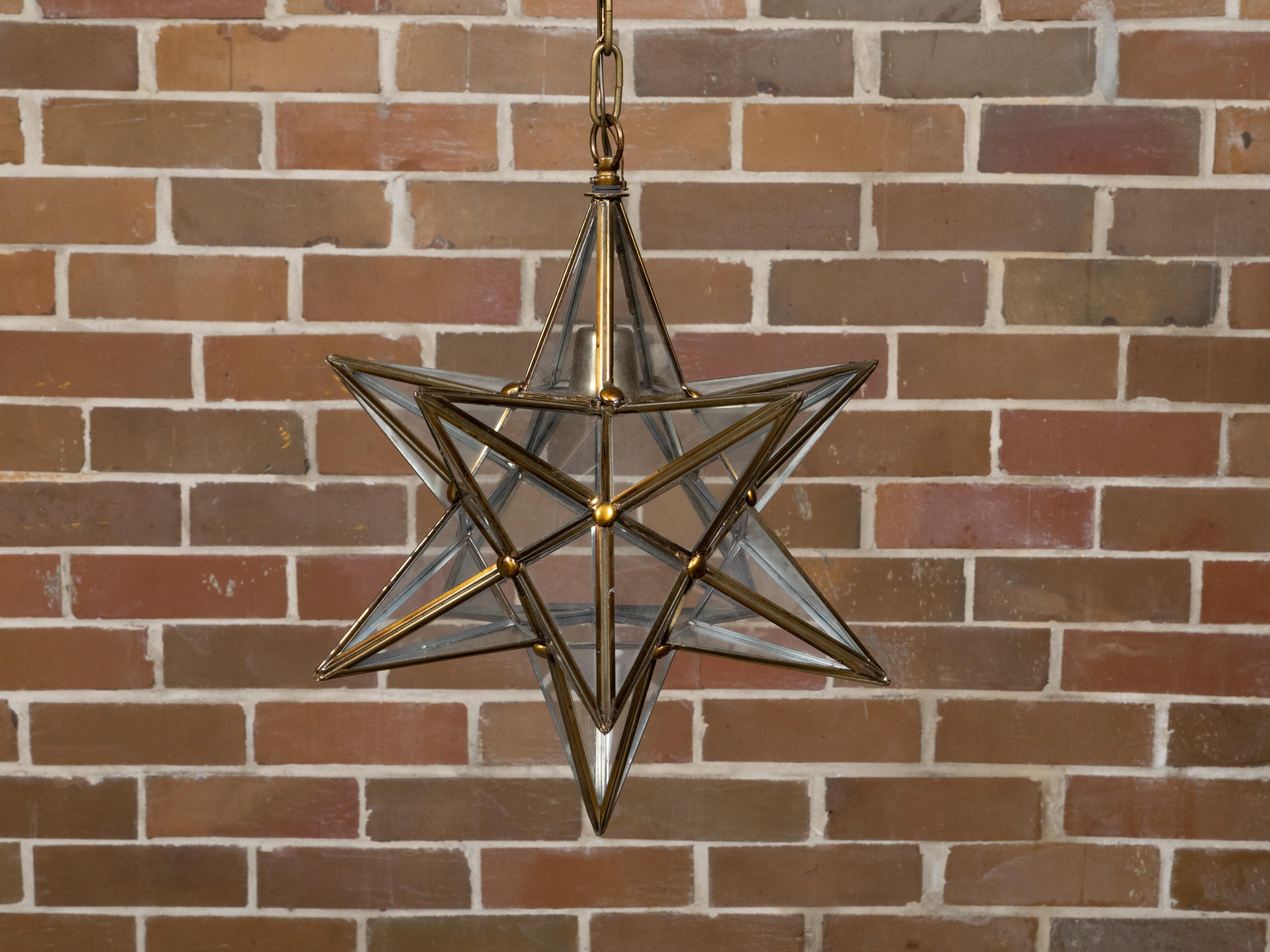 20th Century Midcentury French Star Glass and Metal Light Fixture with Single Socket For Sale