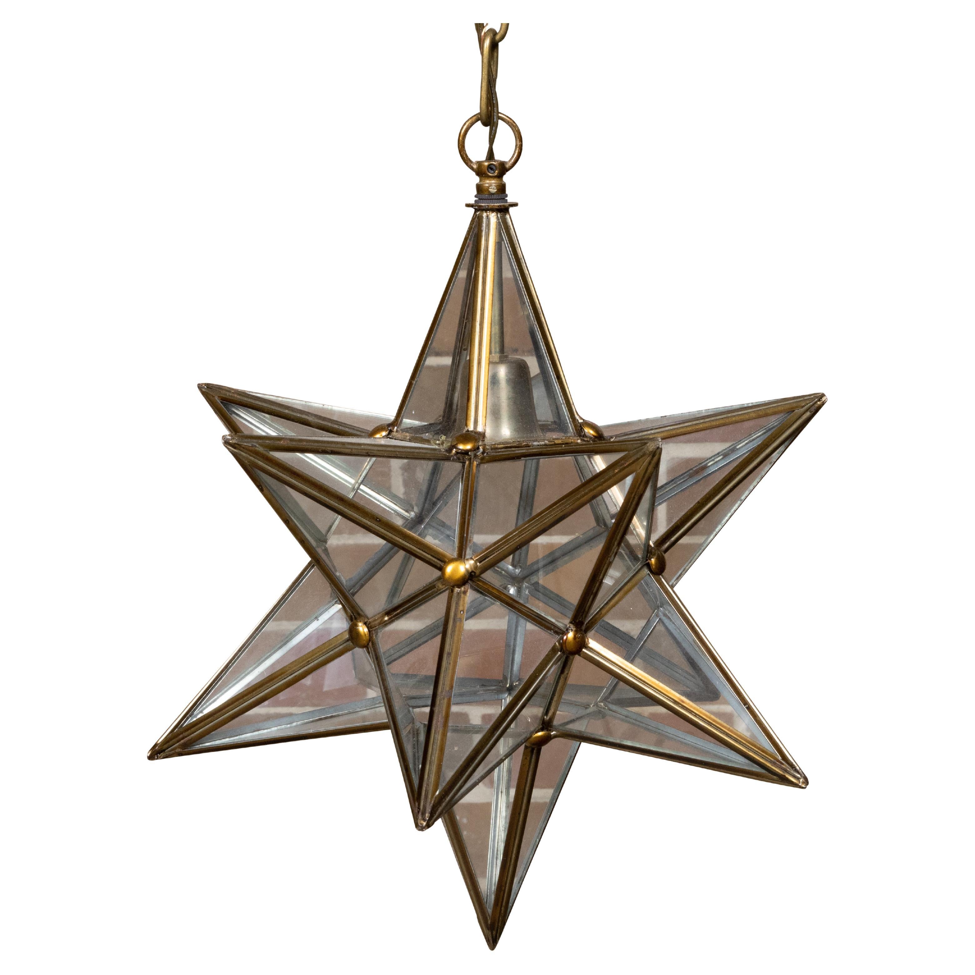 Midcentury French Star Glass and Metal Light Fixture with Single Socket