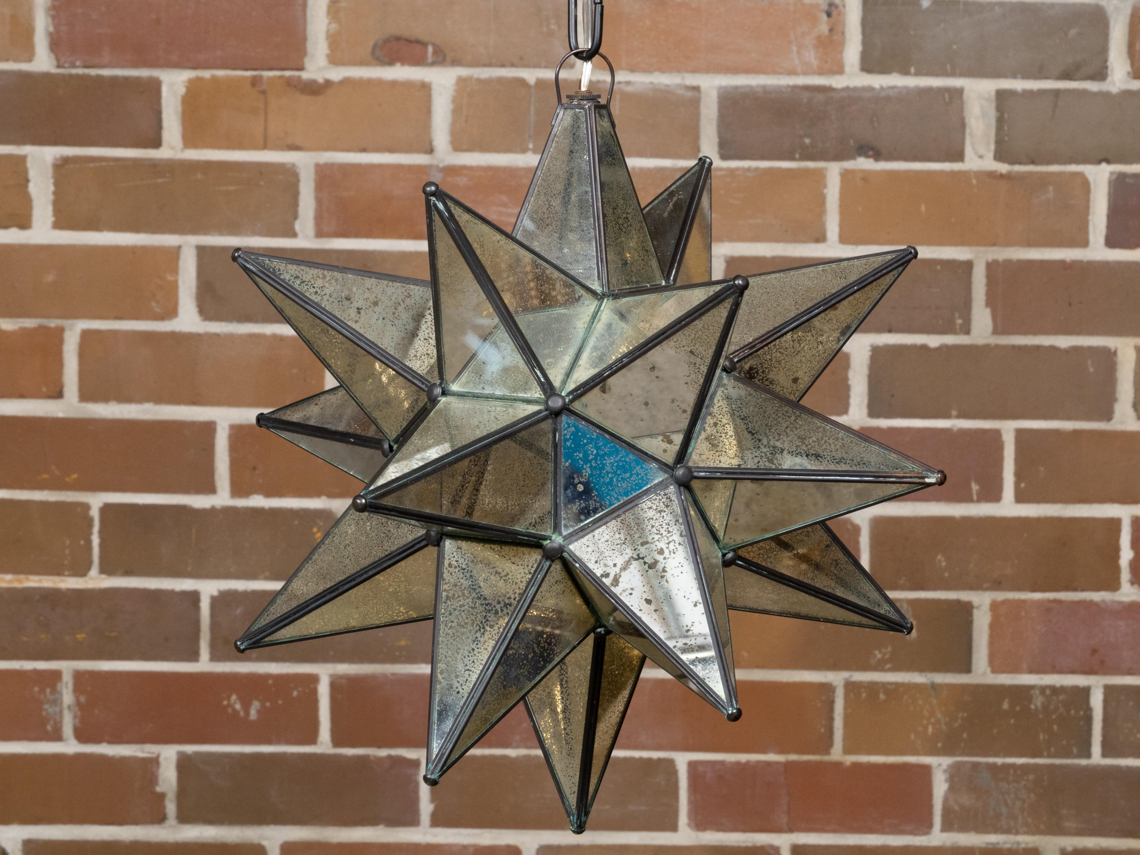 Midcentury French Star Shaped Light Fixture with Mirrored Panels, USA Wired In Good Condition For Sale In Atlanta, GA