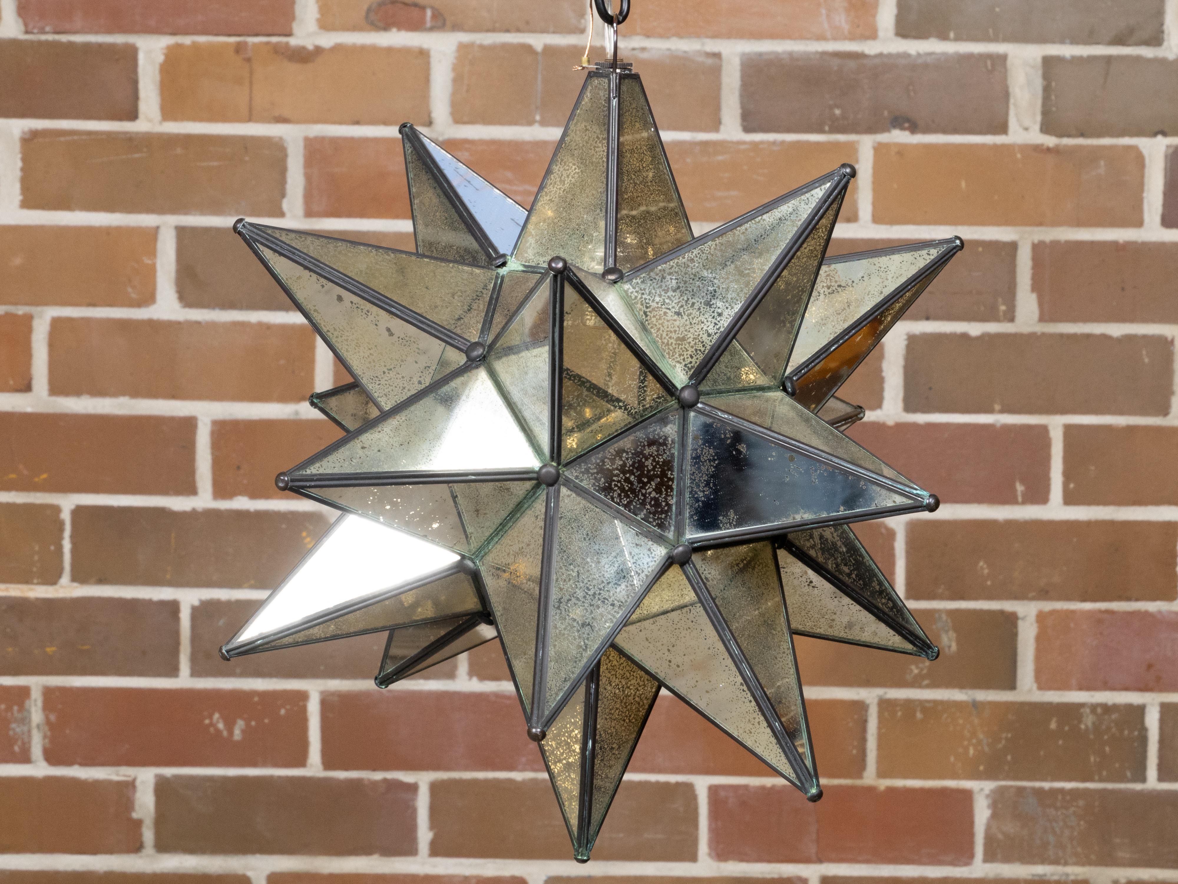 20th Century Midcentury French Star Shaped Light Fixture with Mirrored Panels, USA Wired For Sale