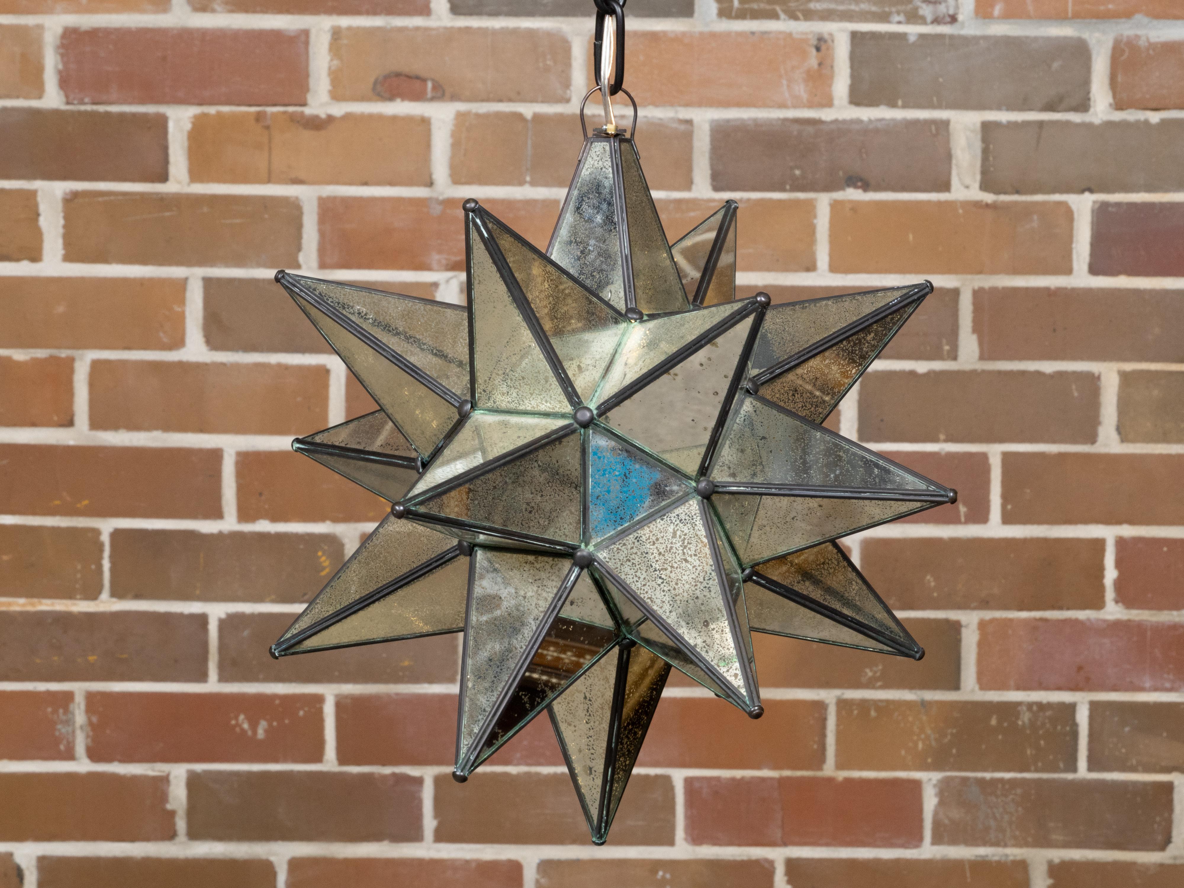 Metal Midcentury French Star Shaped Light Fixture with Mirrored Panels, USA Wired For Sale
