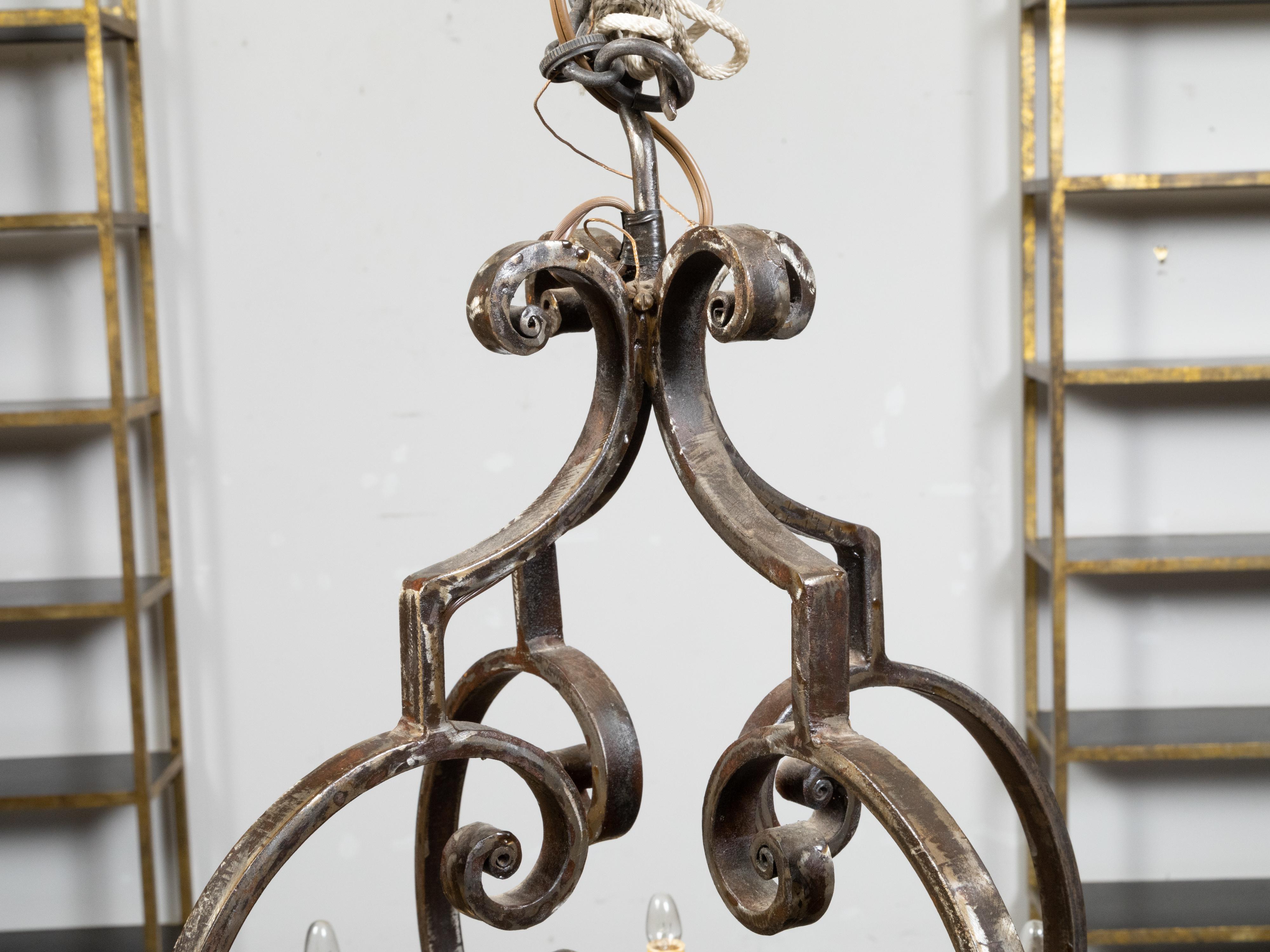 Midcentury French Steel 12-Light Chandelier with Scrolls and Dark Patina For Sale 6