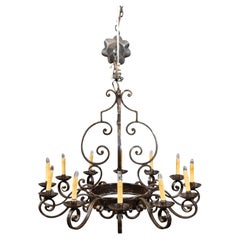 Vintage Midcentury French Steel 12-Light Chandelier with Scrolls and Dark Patina