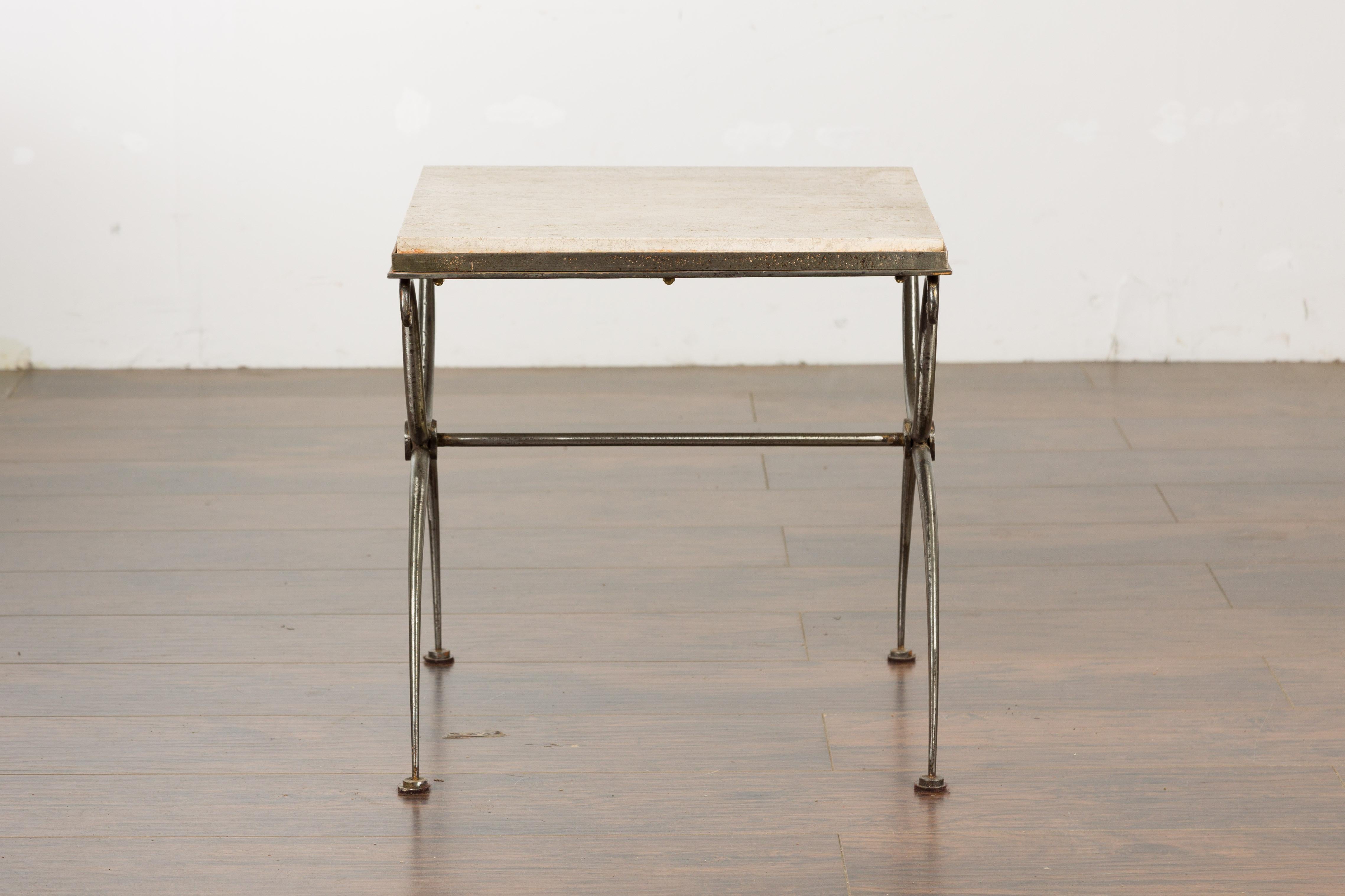 Midcentury French Steel Side Table with Marble Top and Scrolling Supports For Sale 6