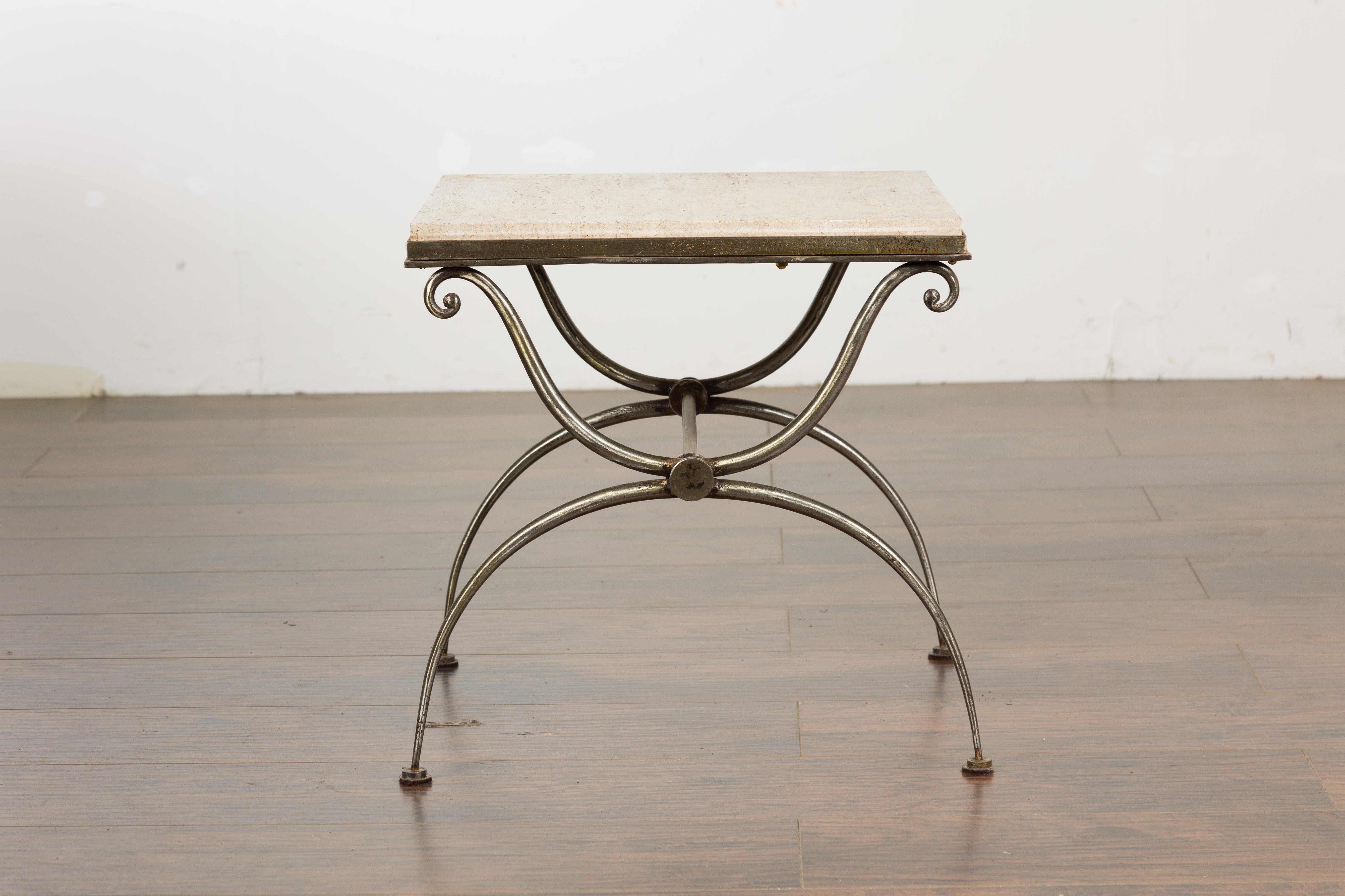 Midcentury French Steel Side Table with Marble Top and Scrolling Supports For Sale 7