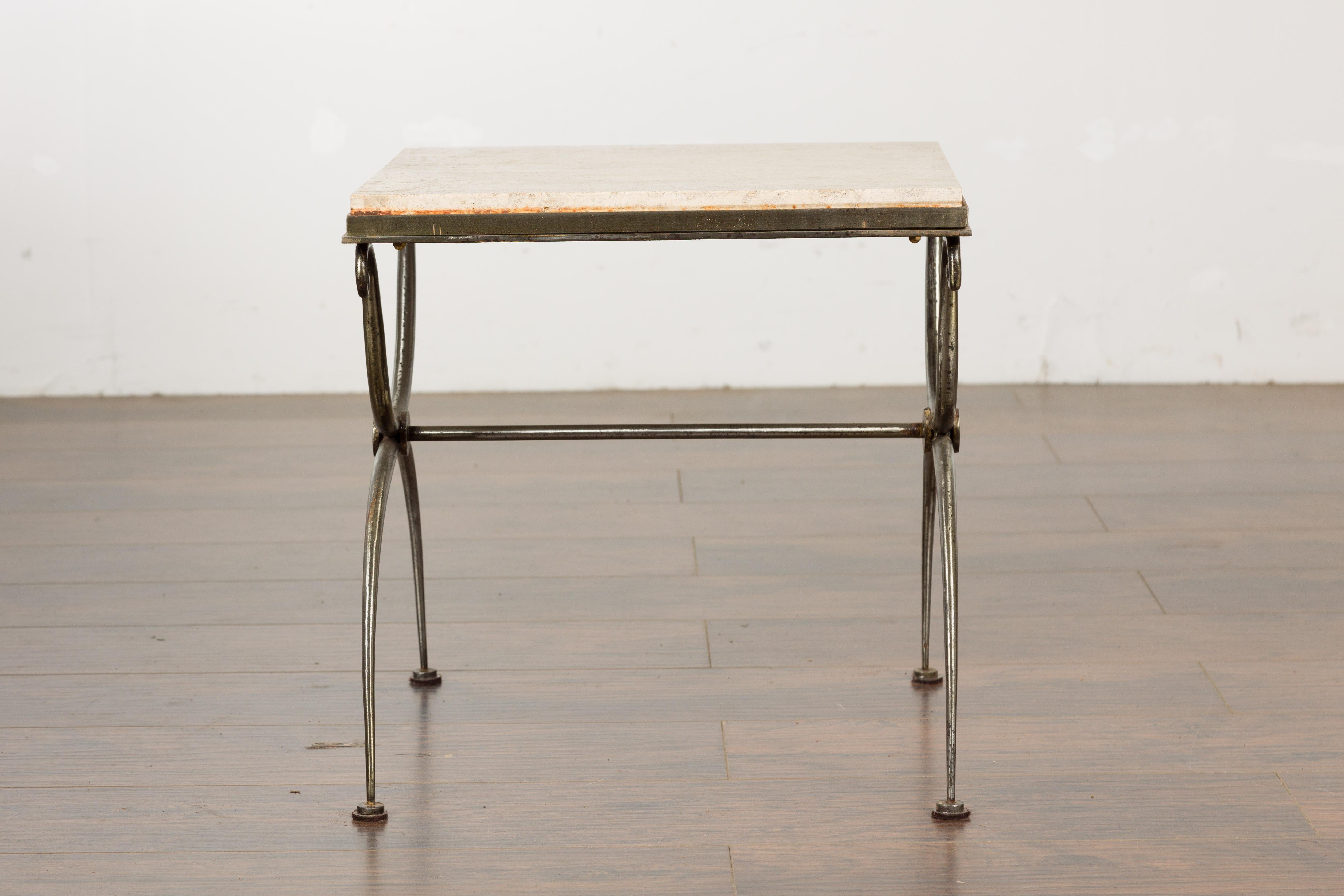Midcentury French Steel Side Table with Marble Top and Scrolling Supports For Sale 8