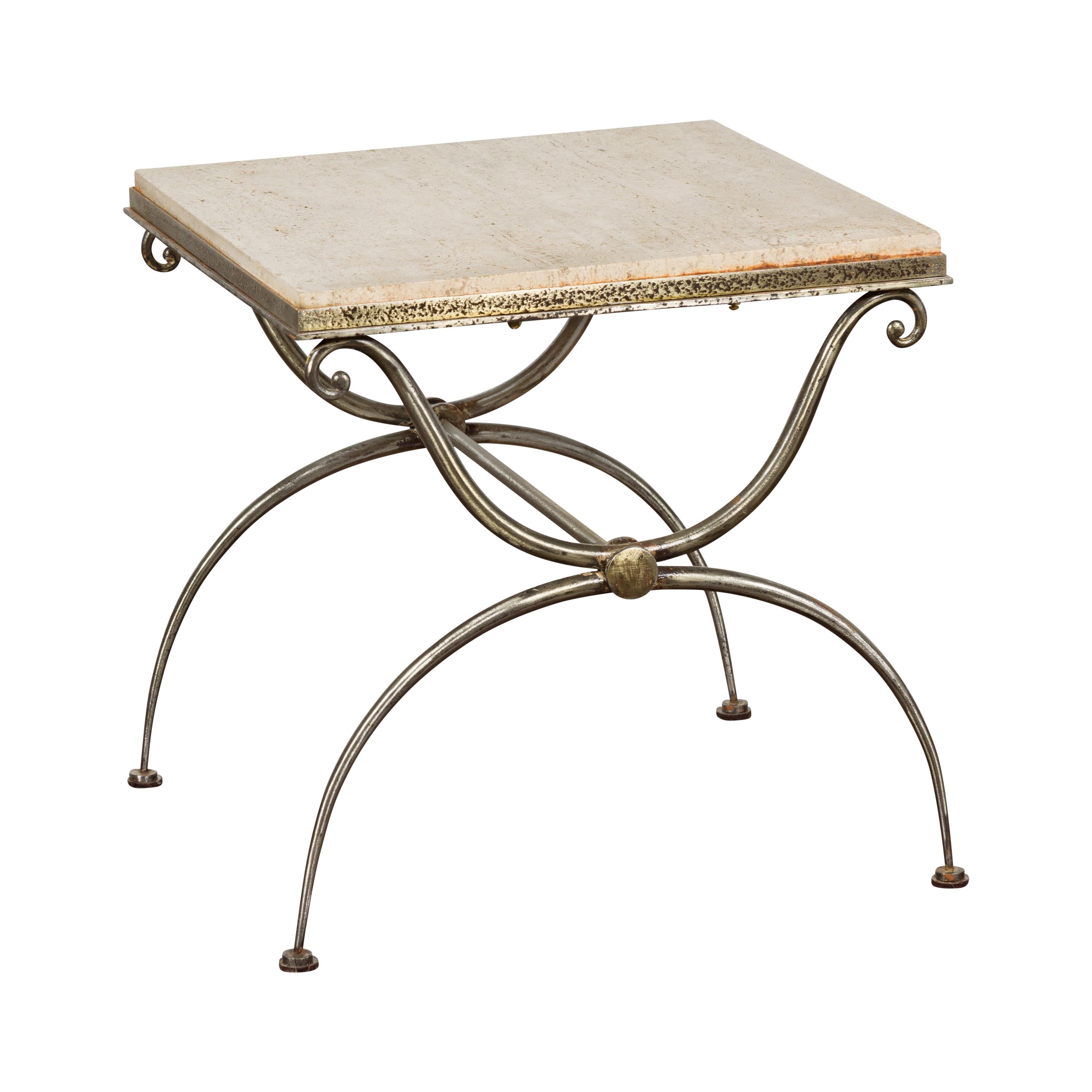 Midcentury French Steel Side Table with Marble Top and Scrolling Supports For Sale 9