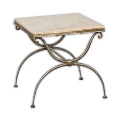 Midcentury French Steel Side Table with Marble Top and Scrolling Supports