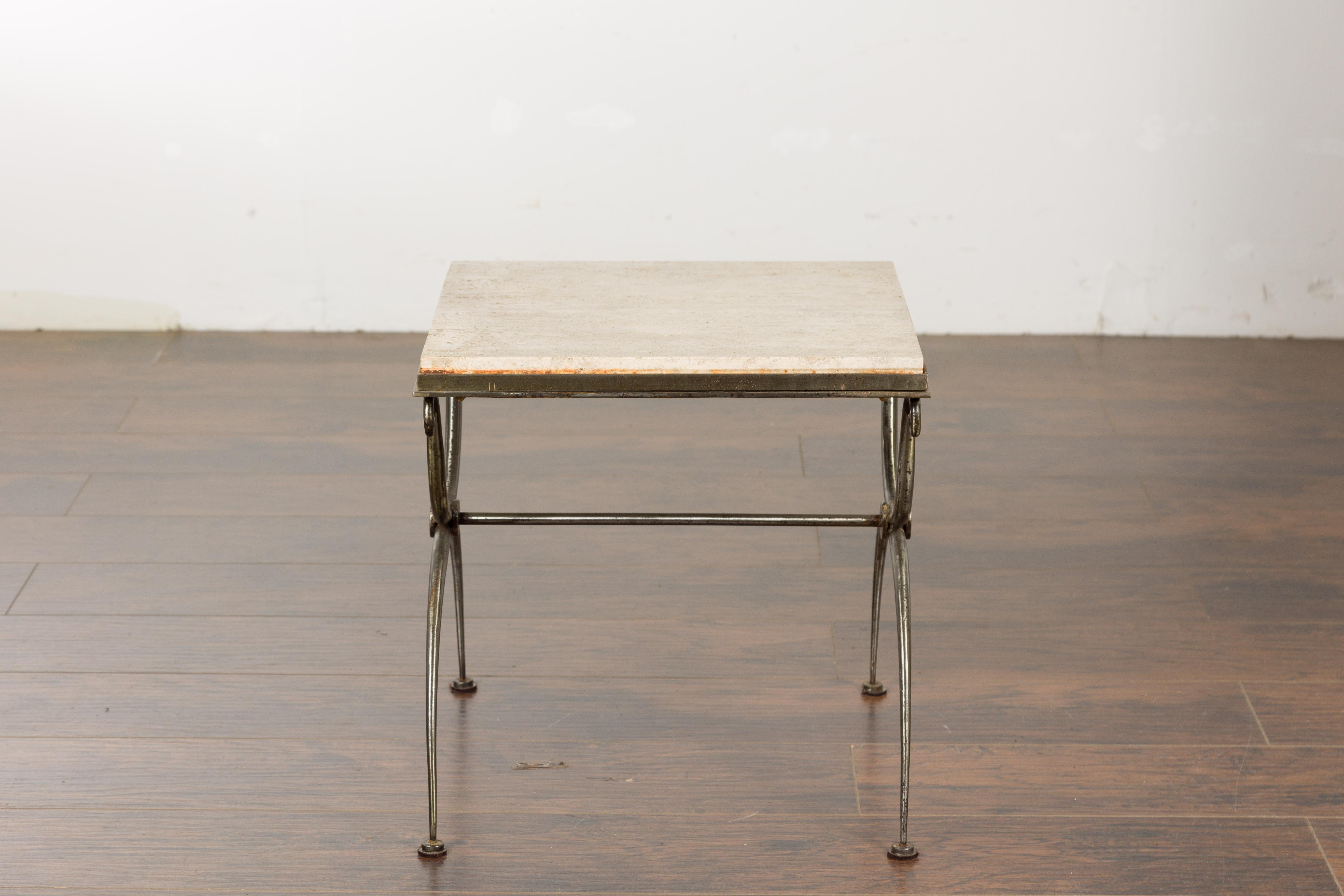 Mid-Century Modern Midcentury French Steel Side Table with Marble Top and Scrolling Supports For Sale