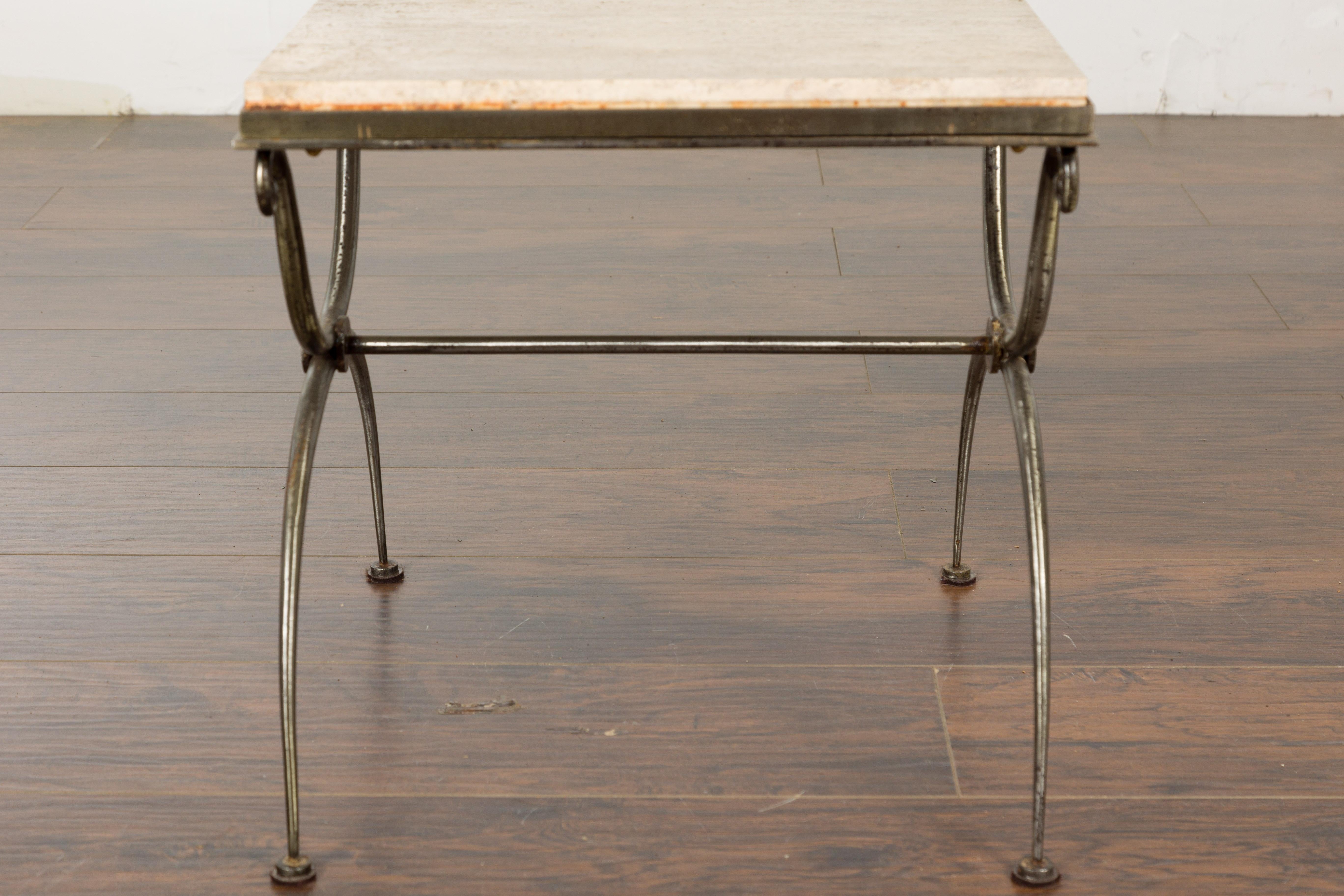Midcentury French Steel Side Table with Marble Top and Scrolling Supports For Sale 1
