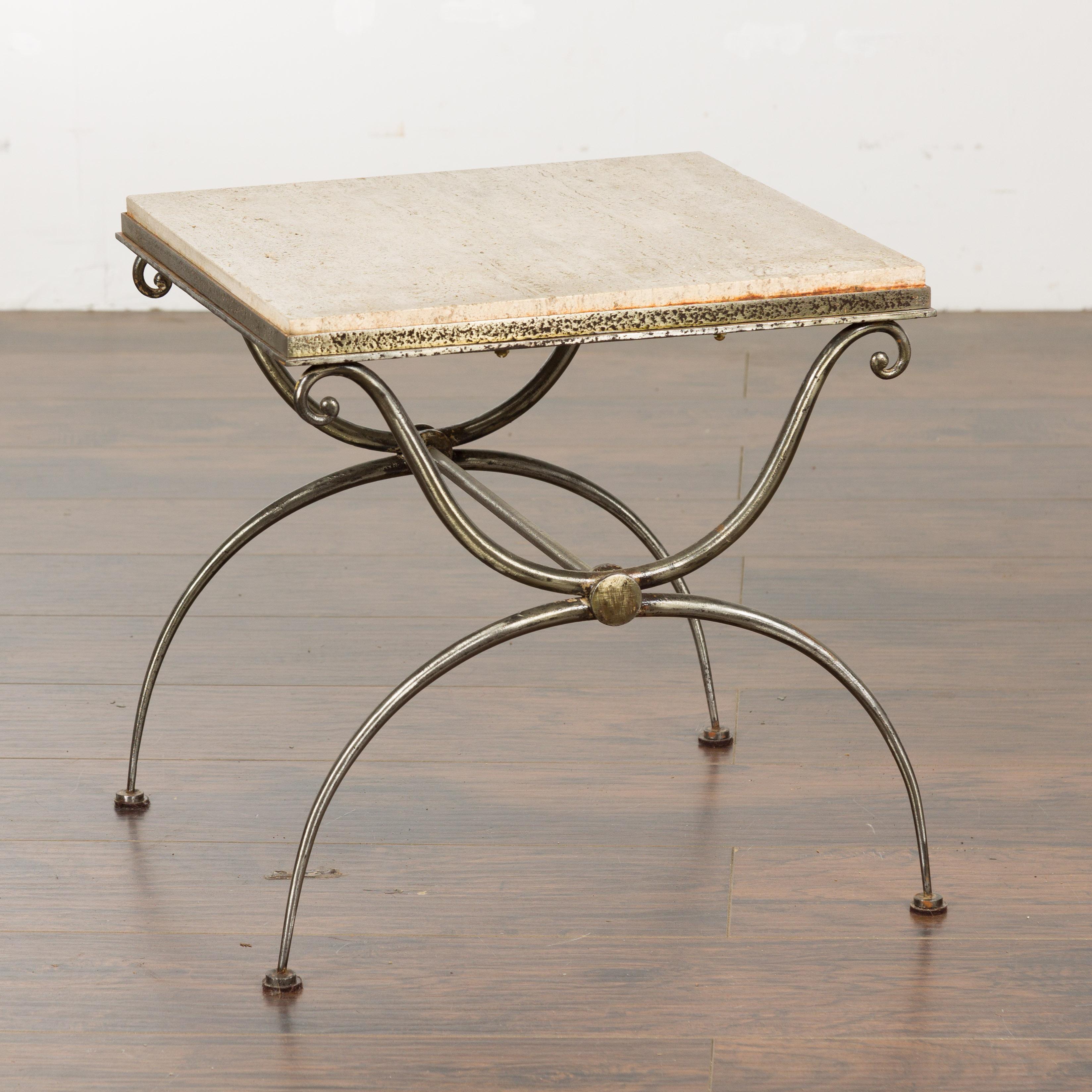 Midcentury French Steel Side Table with Marble Top and Scrolling Supports For Sale 2