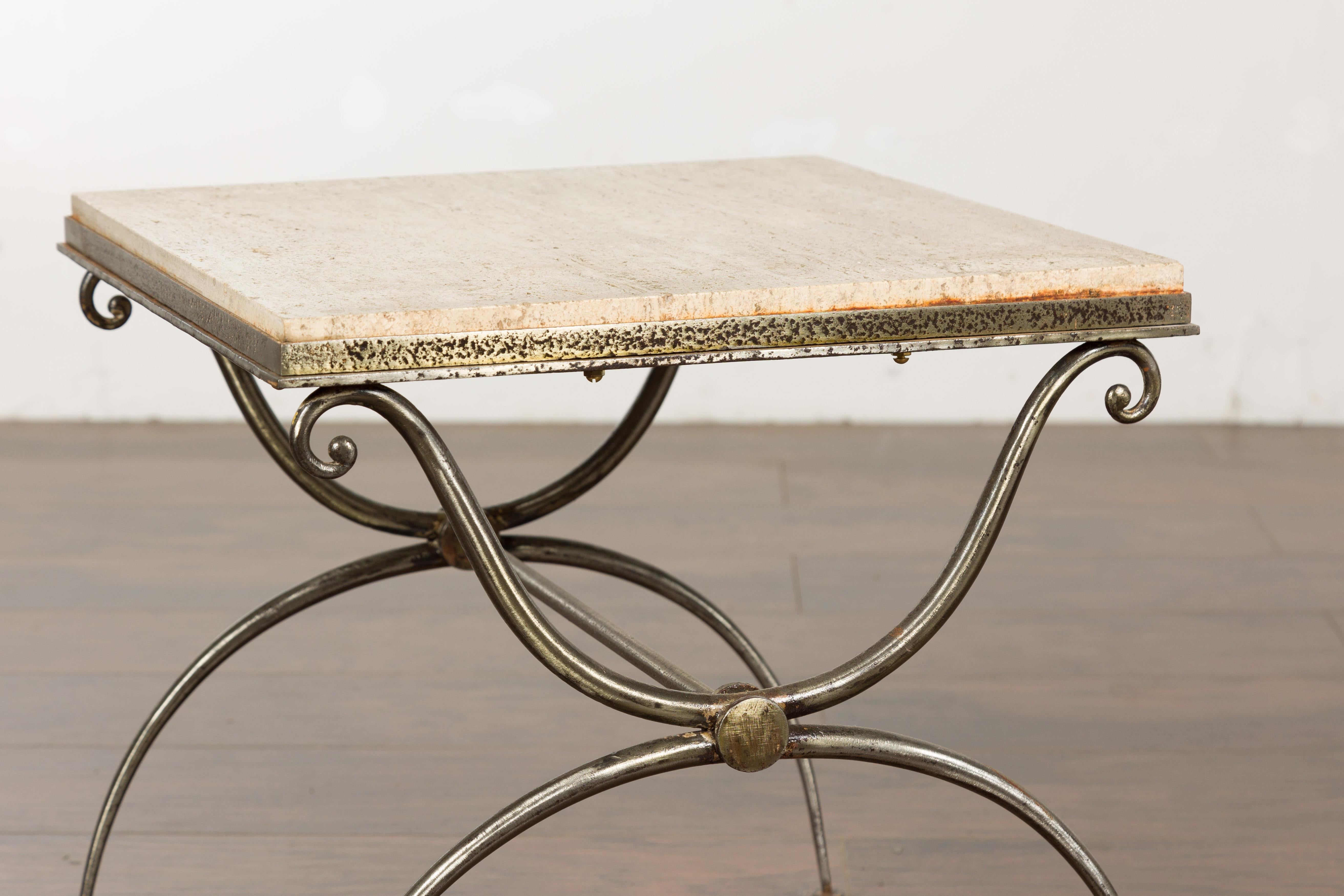 Midcentury French Steel Side Table with Marble Top and Scrolling Supports For Sale 4