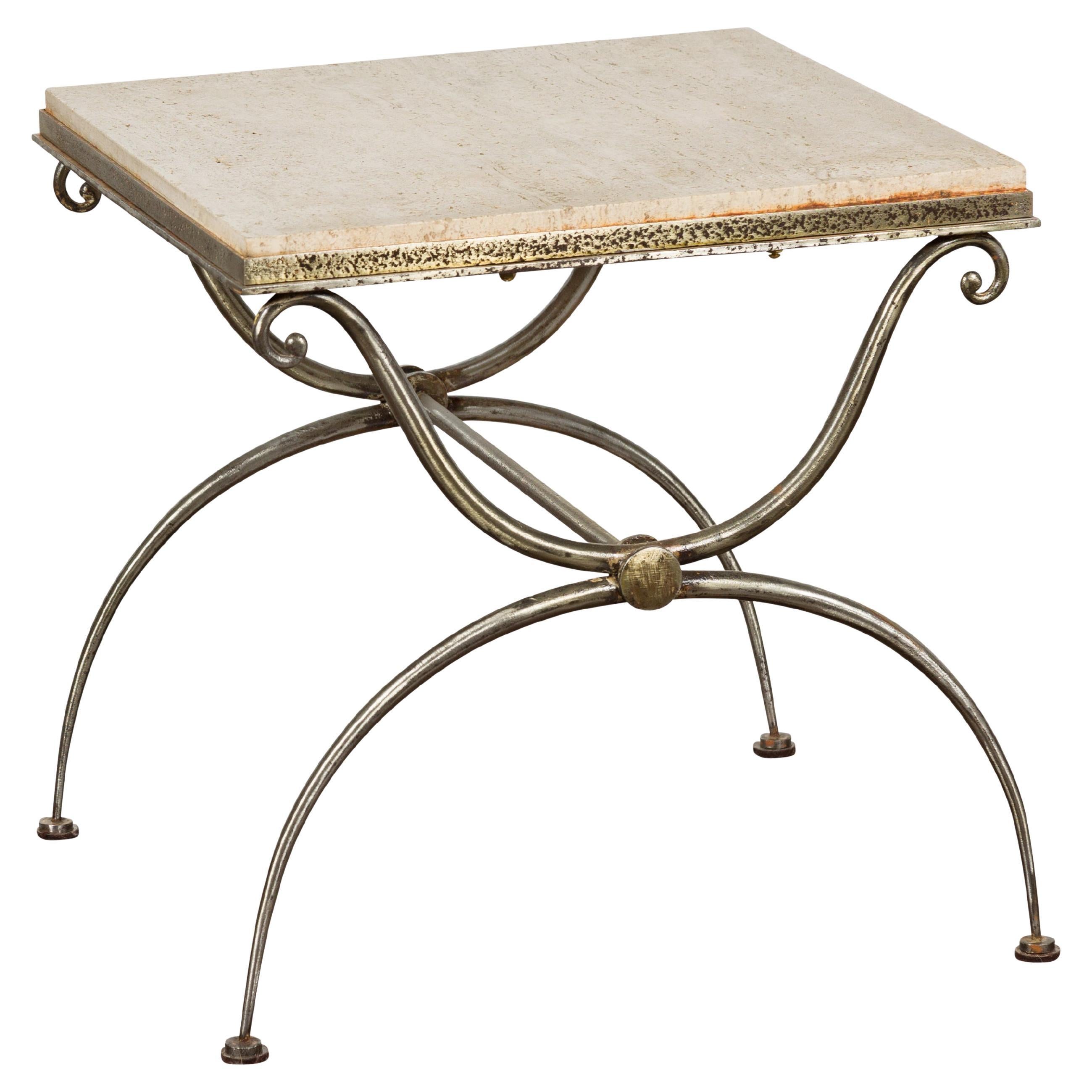 Midcentury French Steel Side Table with Marble Top and Scrolling Supports For Sale