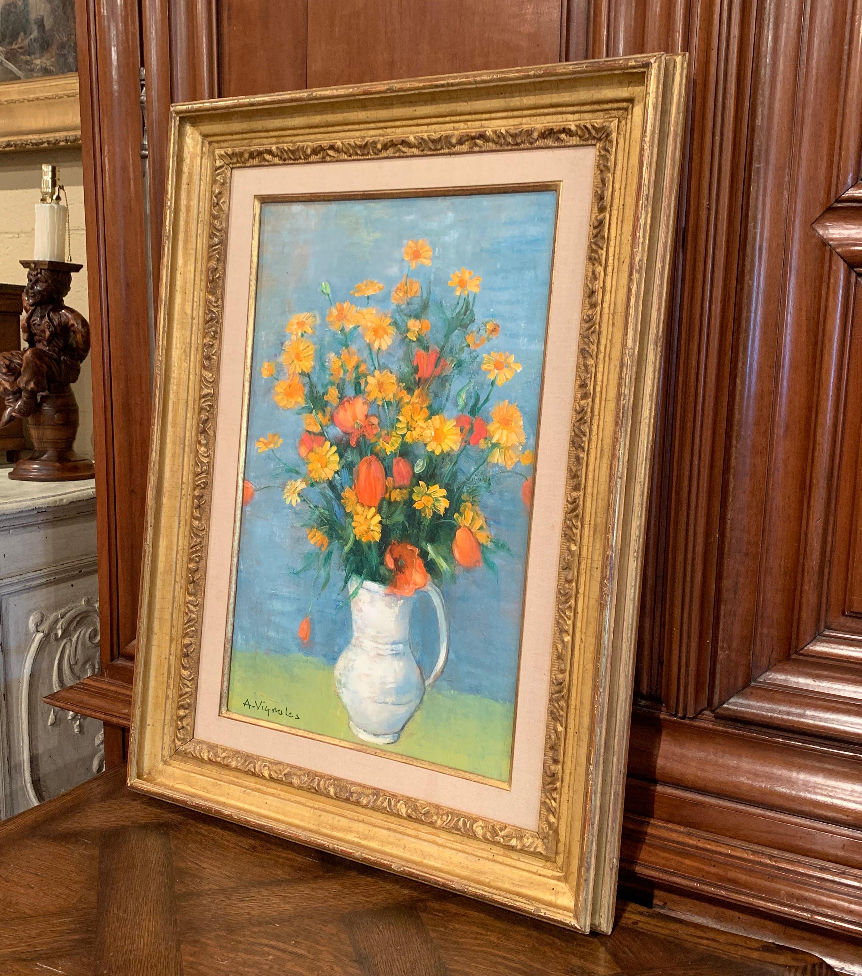 Midcentury French Still Life Oil Painting in Gilt Frame Signed A. Vignoles 3