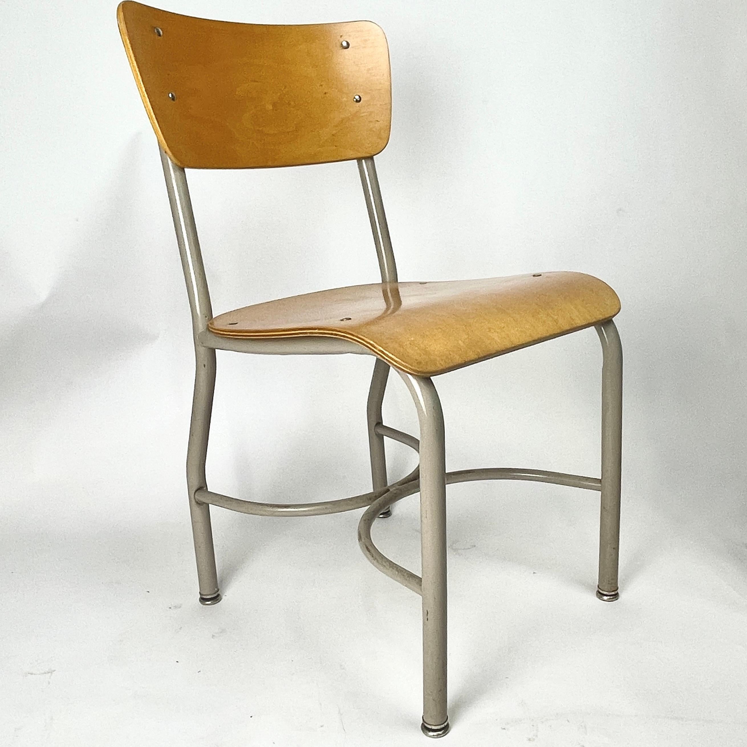 Painted Midcentury French Style Grey & Birch Plywood School or Cafe Chairs -35 Available For Sale