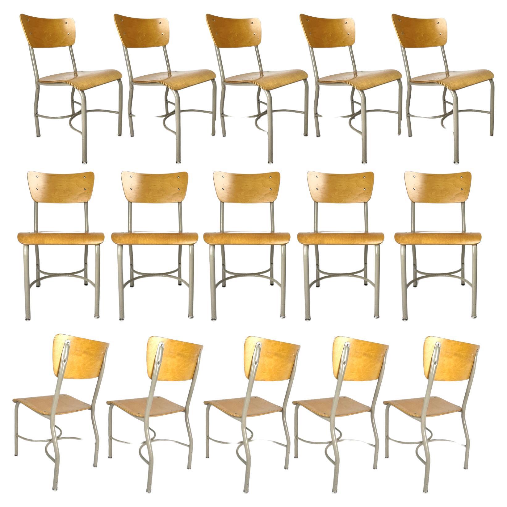 Midcentury French Style Grey & Birch Plywood School or Cafe Chairs -35 Available For Sale