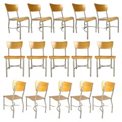 Chaises d'école ou de café de style français du milieu du siècle dernier en contreplaqué gris et bouleau -35 disponibles