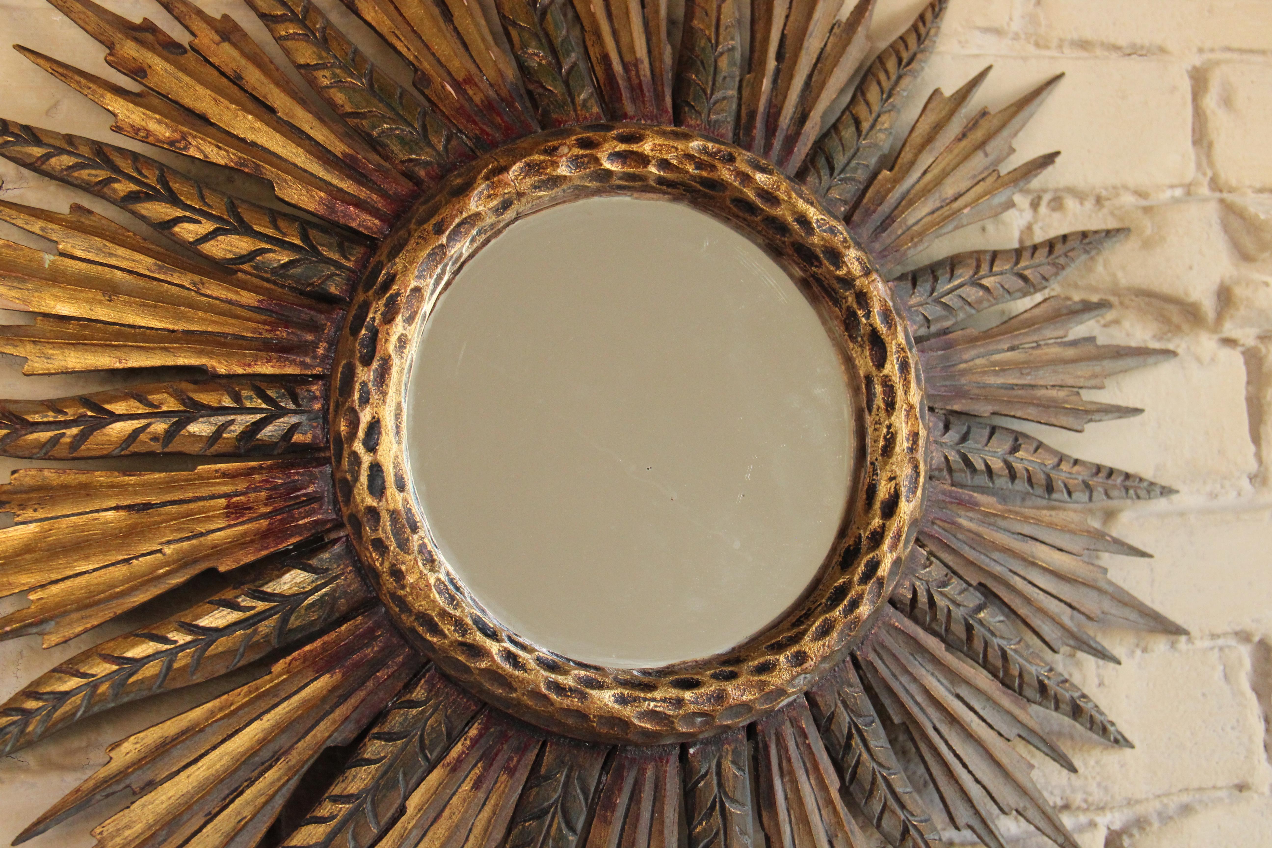Mid-Century Modern Midcentury French Sunburst Mirror with Feathered Rays and Original Mirror Glass