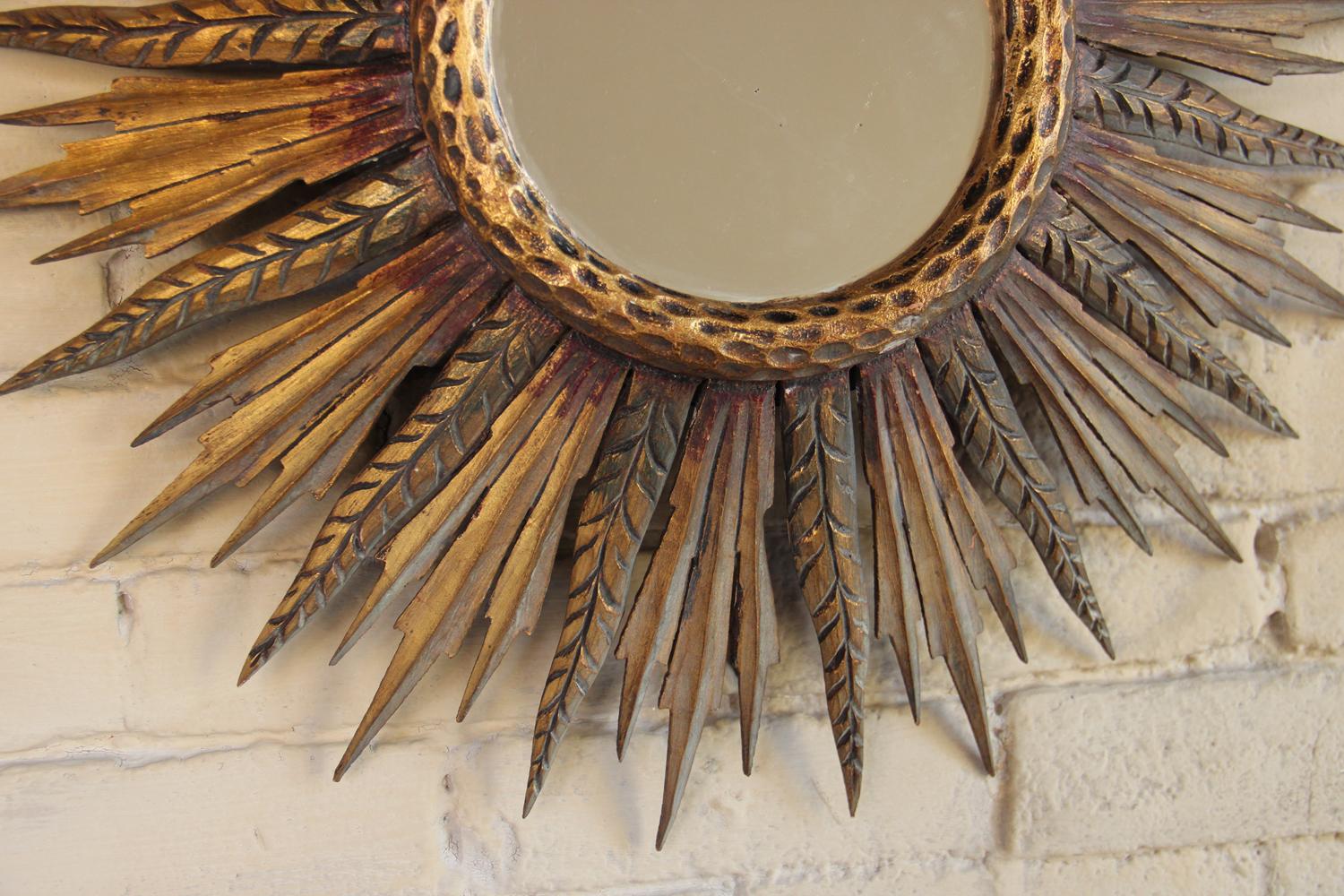 20th Century Midcentury French Sunburst Mirror with Feathered Rays and Original Mirror Glass