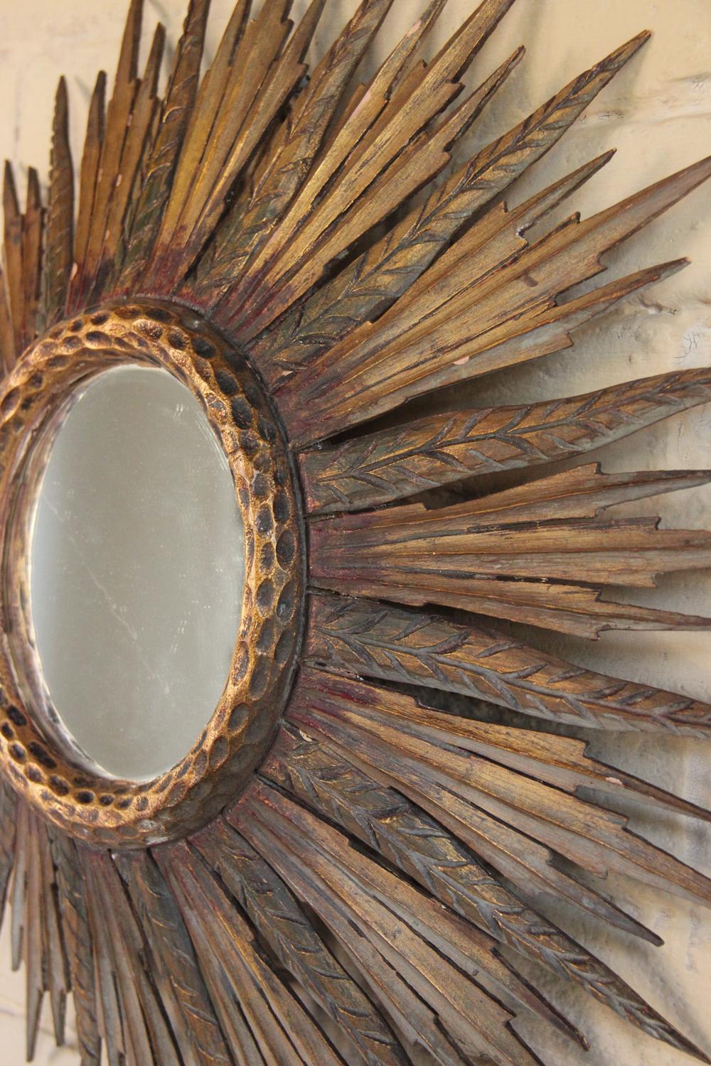 Midcentury French Sunburst Mirror with Feathered Rays and Original Mirror Glass 1