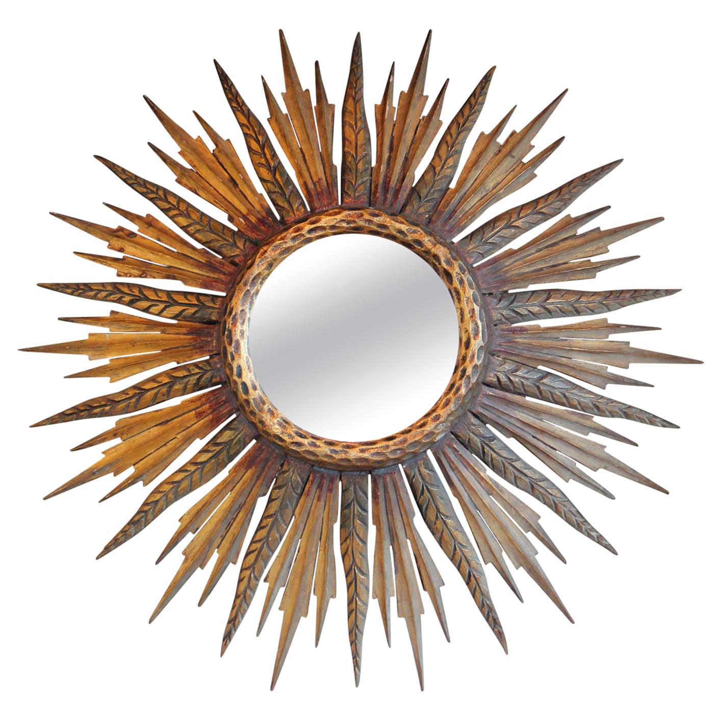 Midcentury French Sunburst Mirror with Feathered Rays and Original Mirror Glass