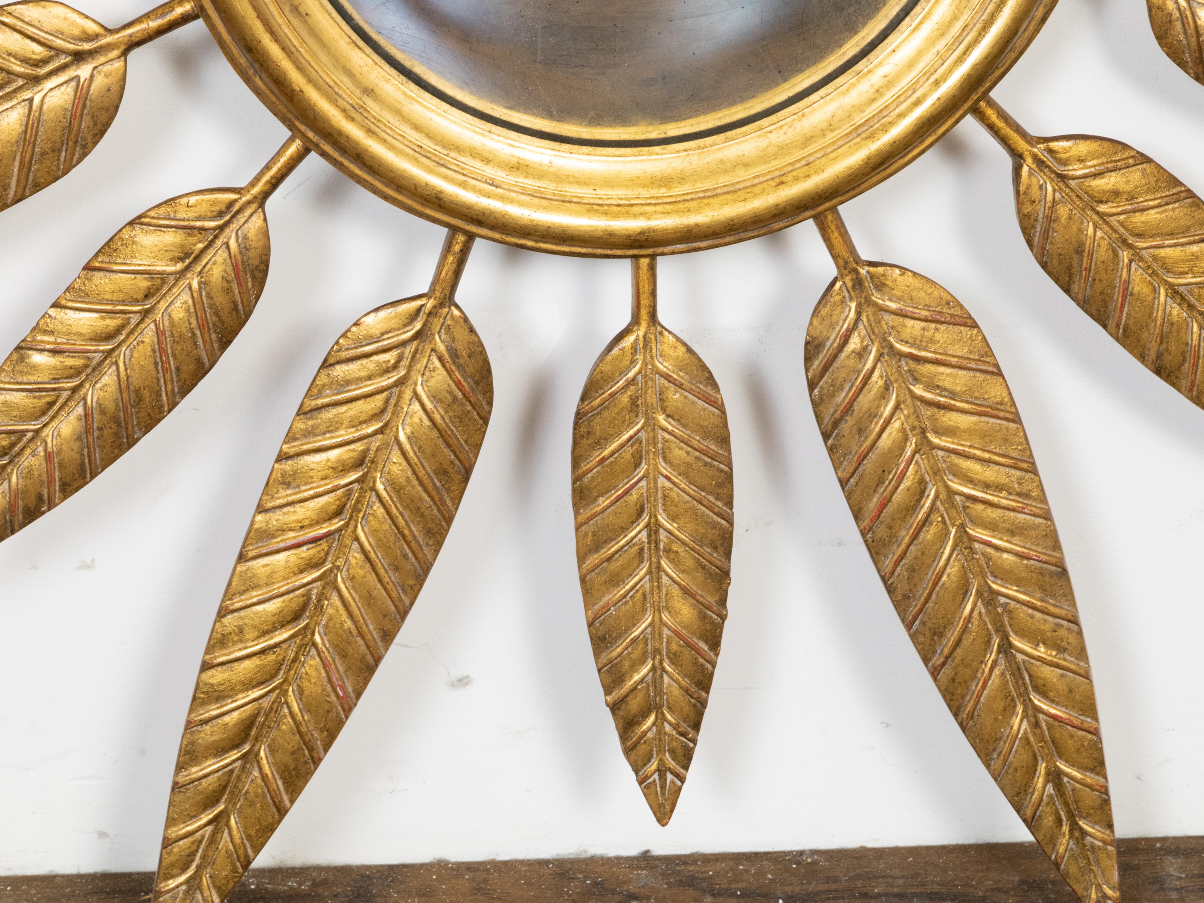 20th Century Midcentury French Sunburst Wall Mirror with Leafy Décor and Convex Plate For Sale