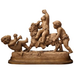 Midcentury French Terracotta Cherub and Goat Sculpture Composition Signed Toinel