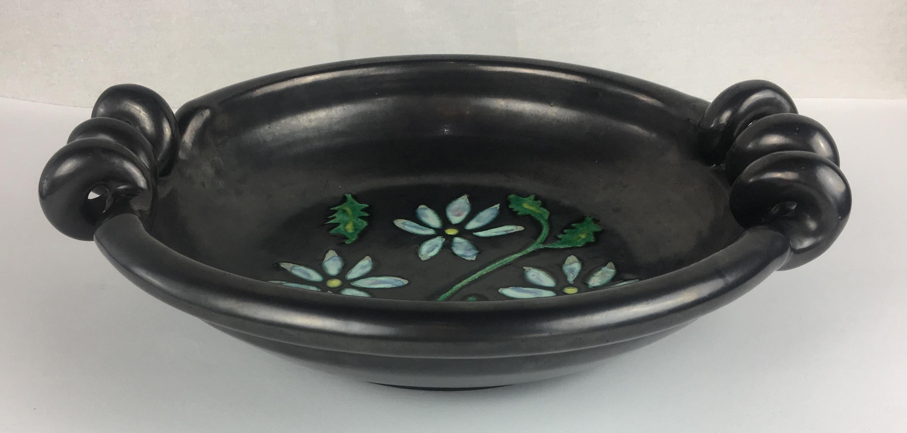 Hand-Crafted Midcentury French Vallauris Black Matte Ceramic Sculptural Bowl, Signed