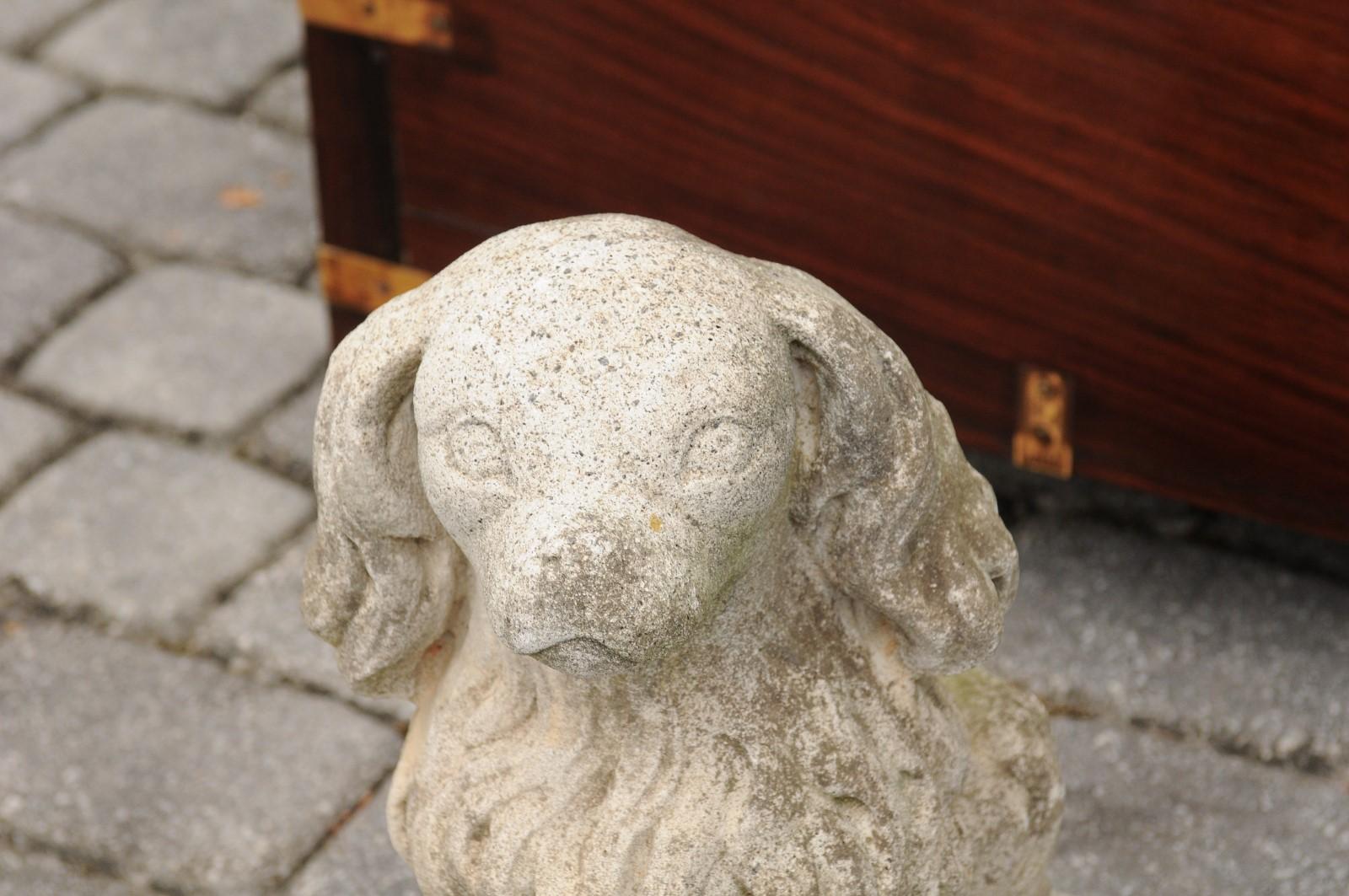 Midcentury French Vintage Carved Stone Dog Sculpture with Weathered Patina In Good Condition In Atlanta, GA