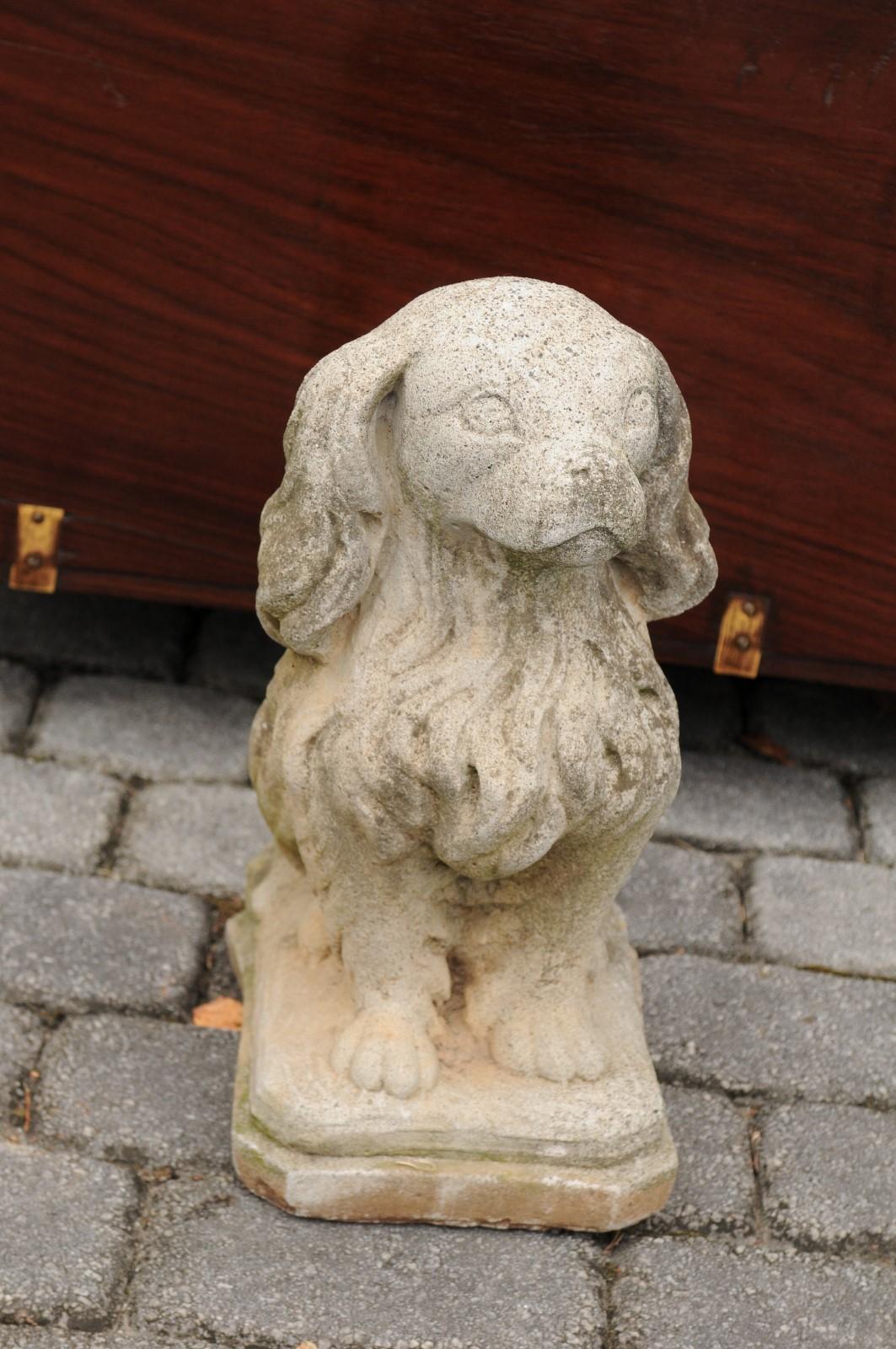 20th Century Midcentury French Vintage Carved Stone Dog Sculpture with Weathered Patina