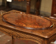Midcentury French Walnut and Brass Oval Tray Table with Inlay Foliage Decor