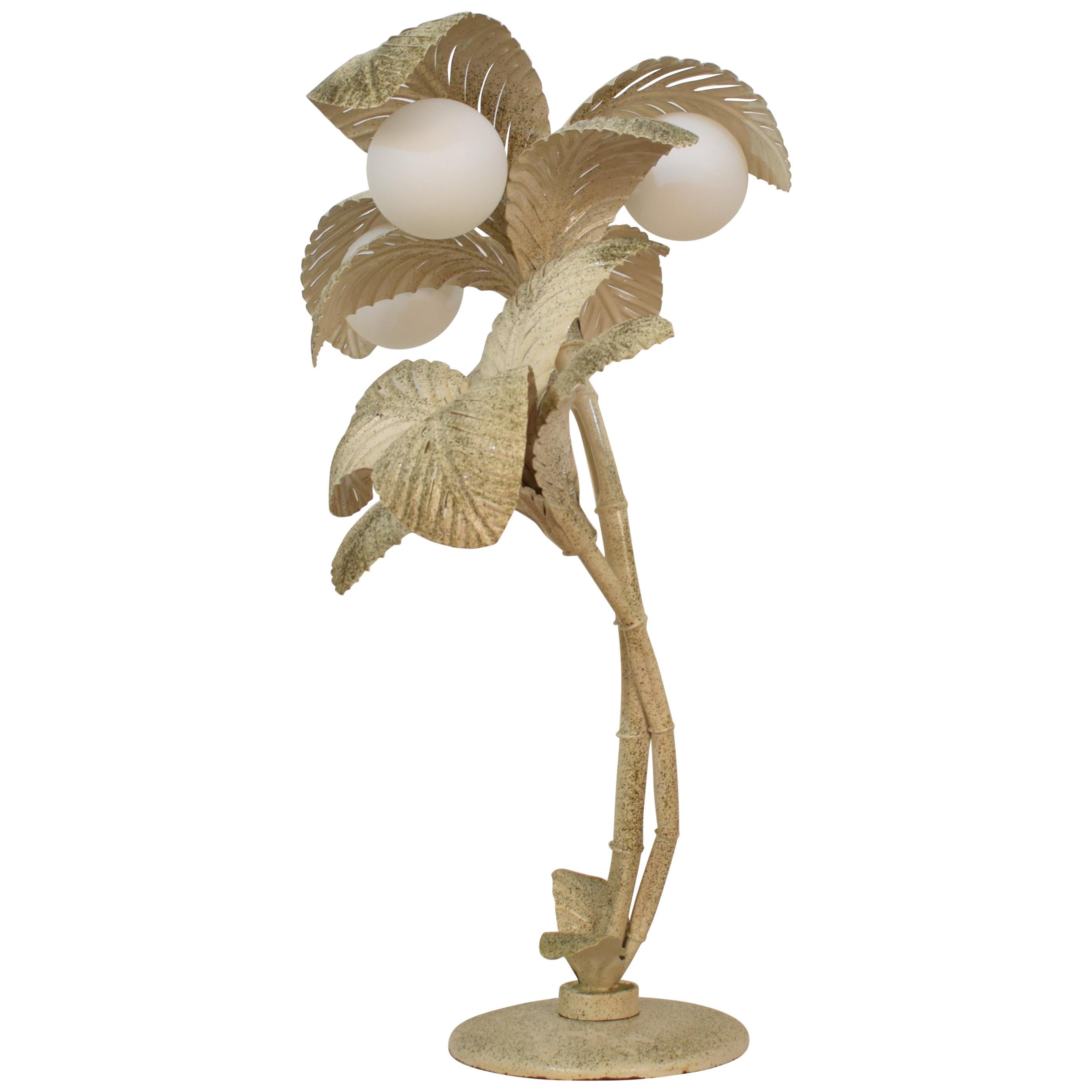 Midcentury French White / Gold Lacquered Metal Palm Floor / Table Lamp, 1970