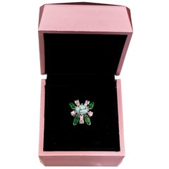 Midcentury French White Gold Ring with 8 Diamonds, 4 Emeralds and One Turquoise