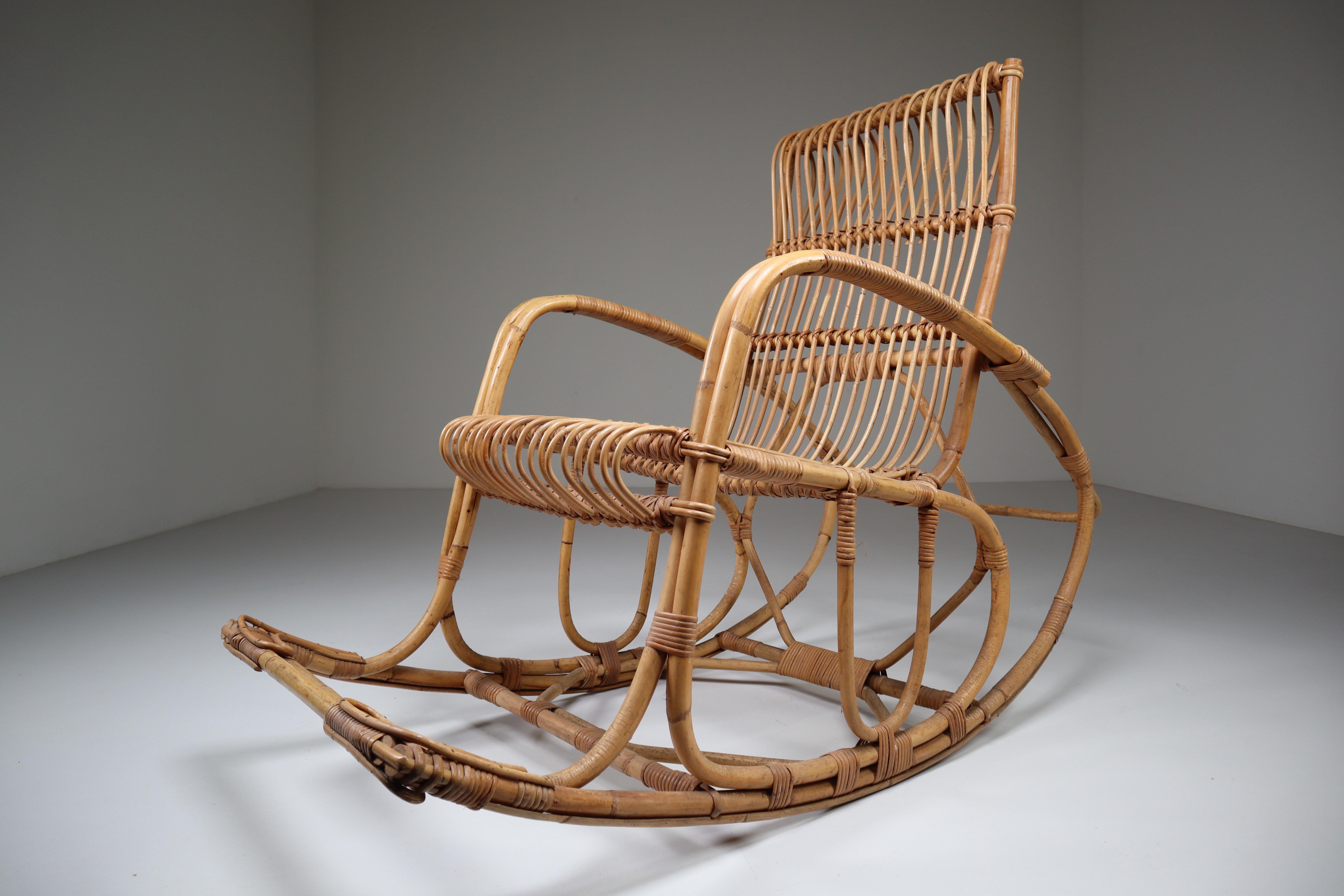 Mid-Century Modern Midcentury French Wicker Rattan Bamboo Rocking Chair, 1960s