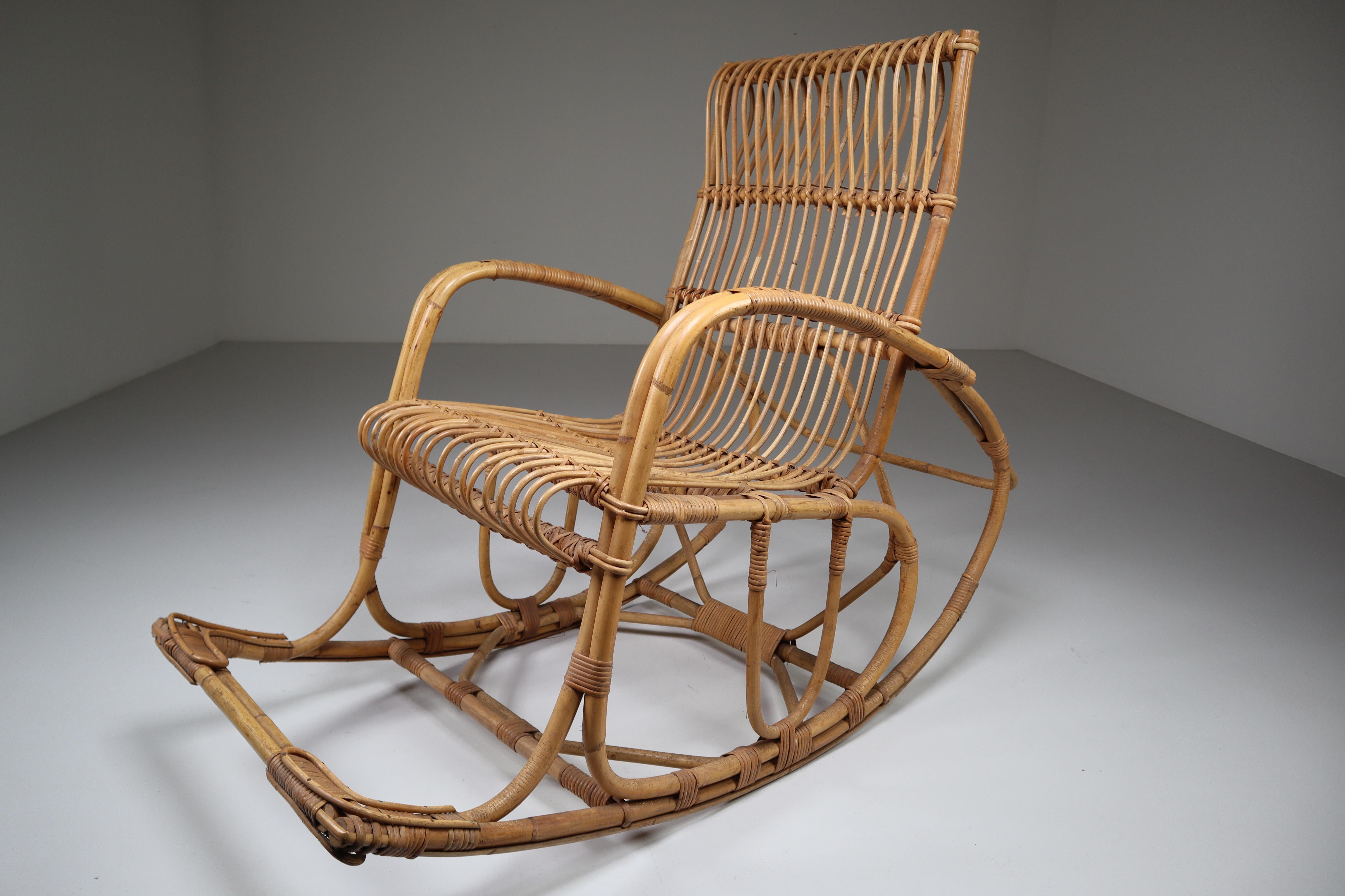 20th Century Midcentury French Wicker Rattan Bamboo Rocking Chair, 1960s