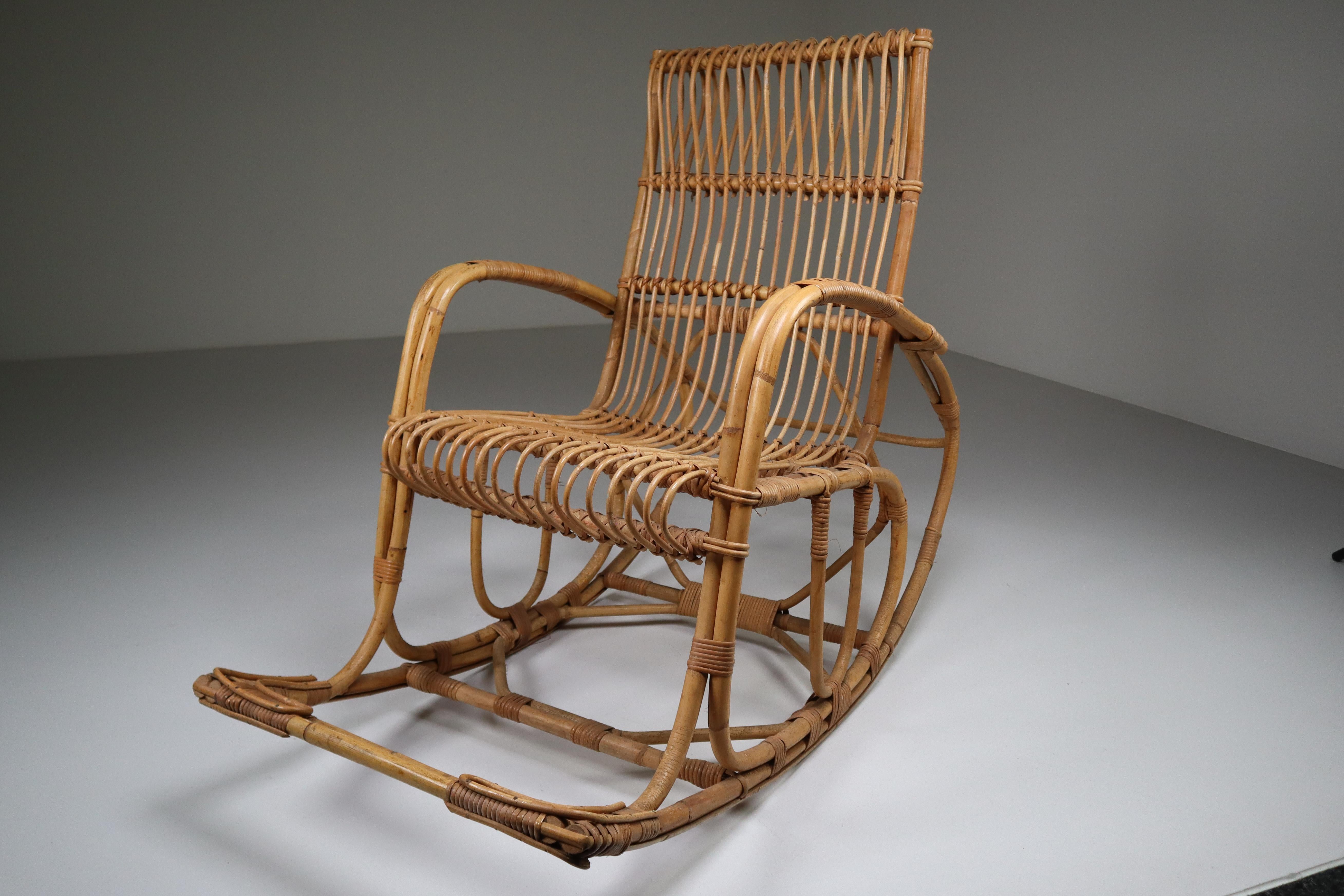 Midcentury French Wicker Rattan Bamboo Rocking Chair, 1960s 1
