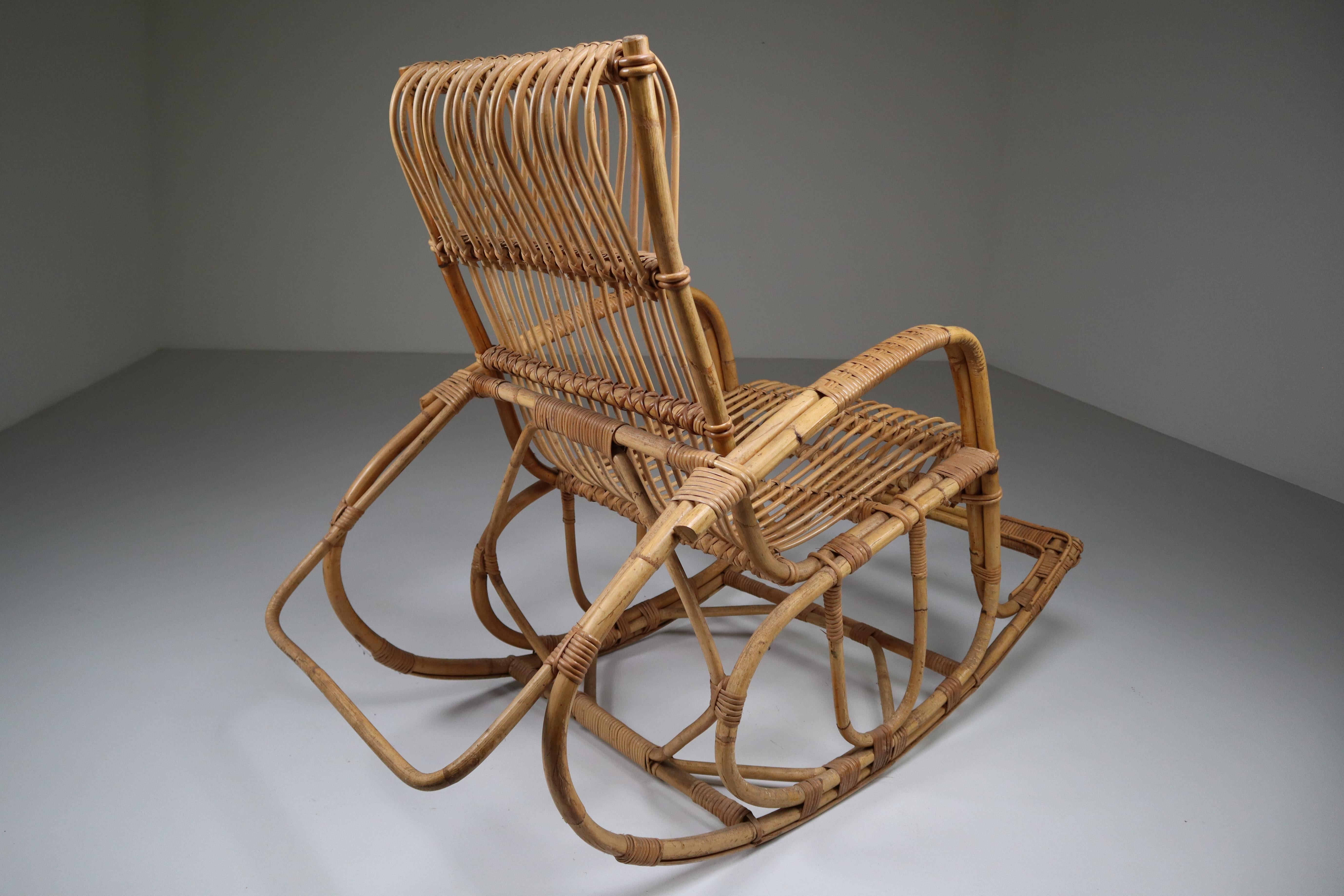 Midcentury French Wicker Rattan Bamboo Rocking Chair, 1960s 2